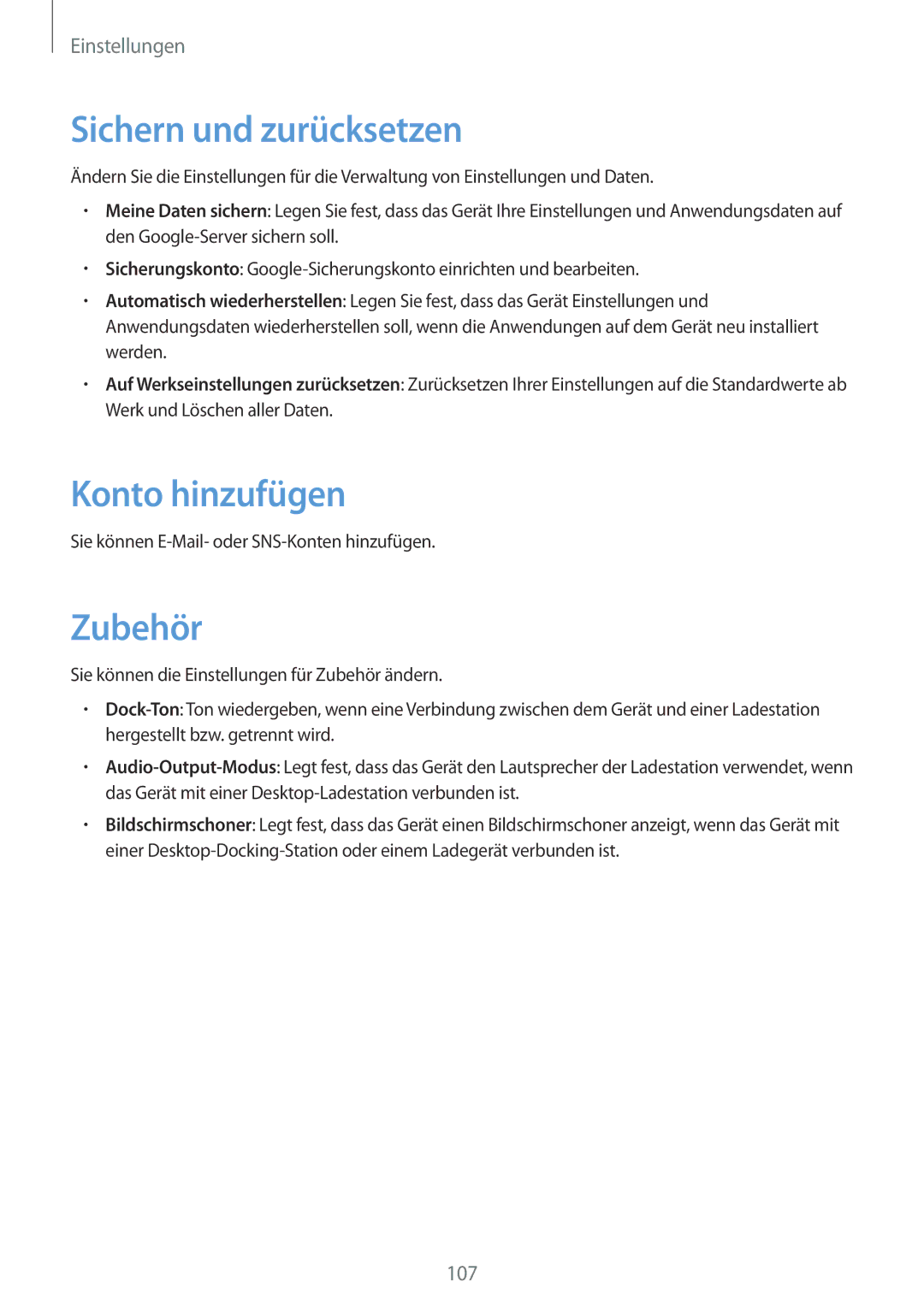 Samsung SM-T2110ZWAITV, SM-T2110MKATPL, SM-T2110MKAATO, SM-T2110ZWADBT Sichern und zurücksetzen, Konto hinzufügen, Zubehör 