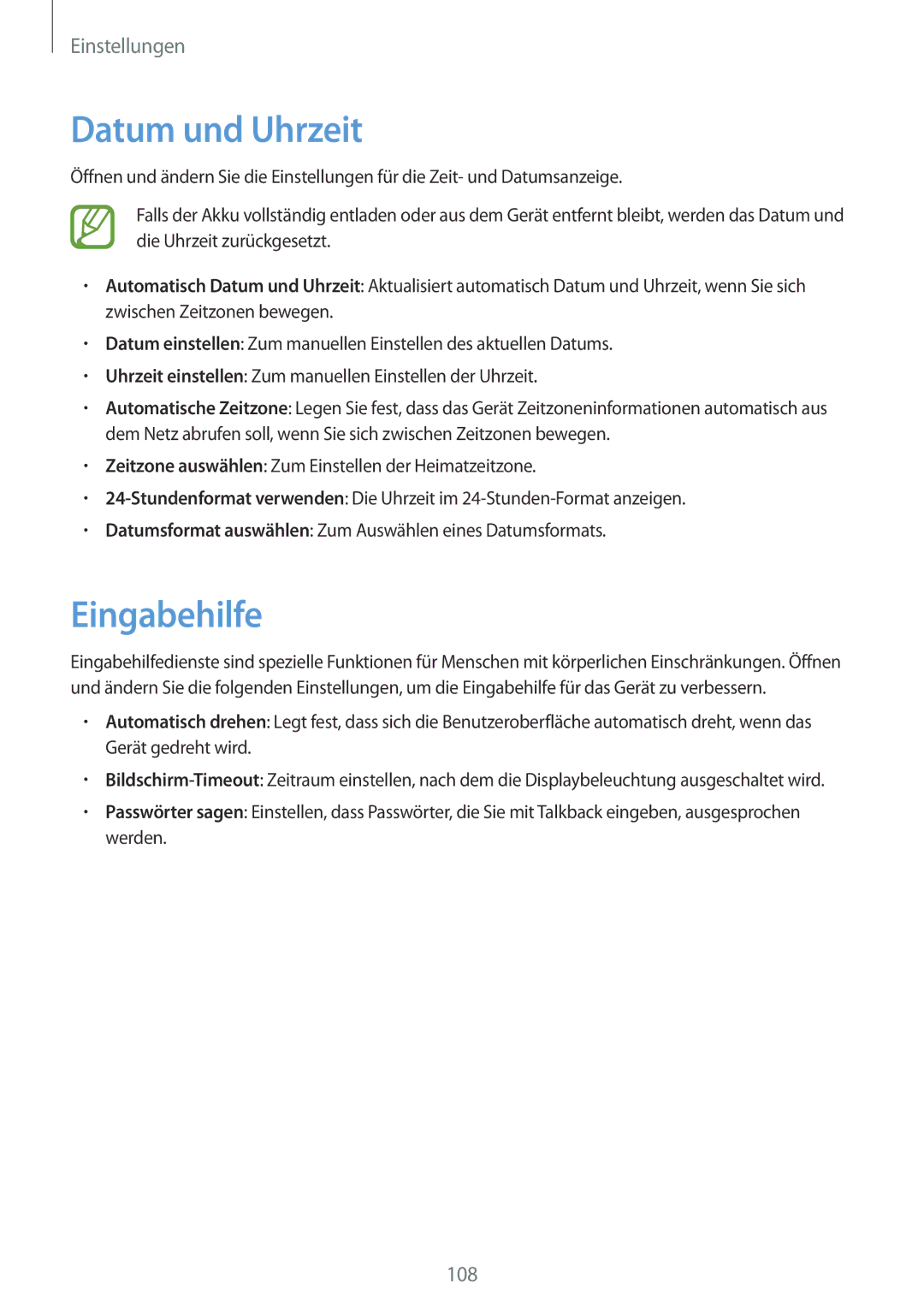 Samsung SM-T2110ZWATPH, SM-T2110MKATPL, SM-T2110MKAATO, SM-T2110ZWADBT, SM-T2110MKATMN manual Datum und Uhrzeit, Eingabehilfe 