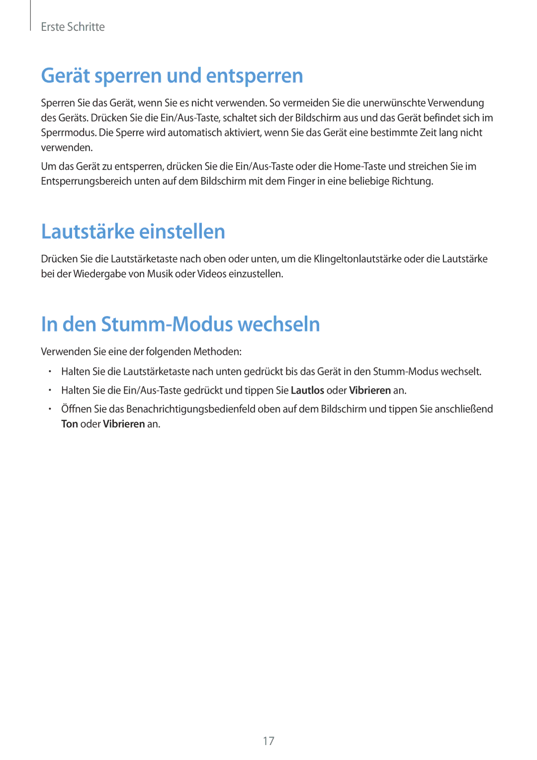 Samsung SM-T2110ZWAITV, SM-T2110MKATPL manual Gerät sperren und entsperren, Lautstärke einstellen, Den Stumm-Modus wechseln 