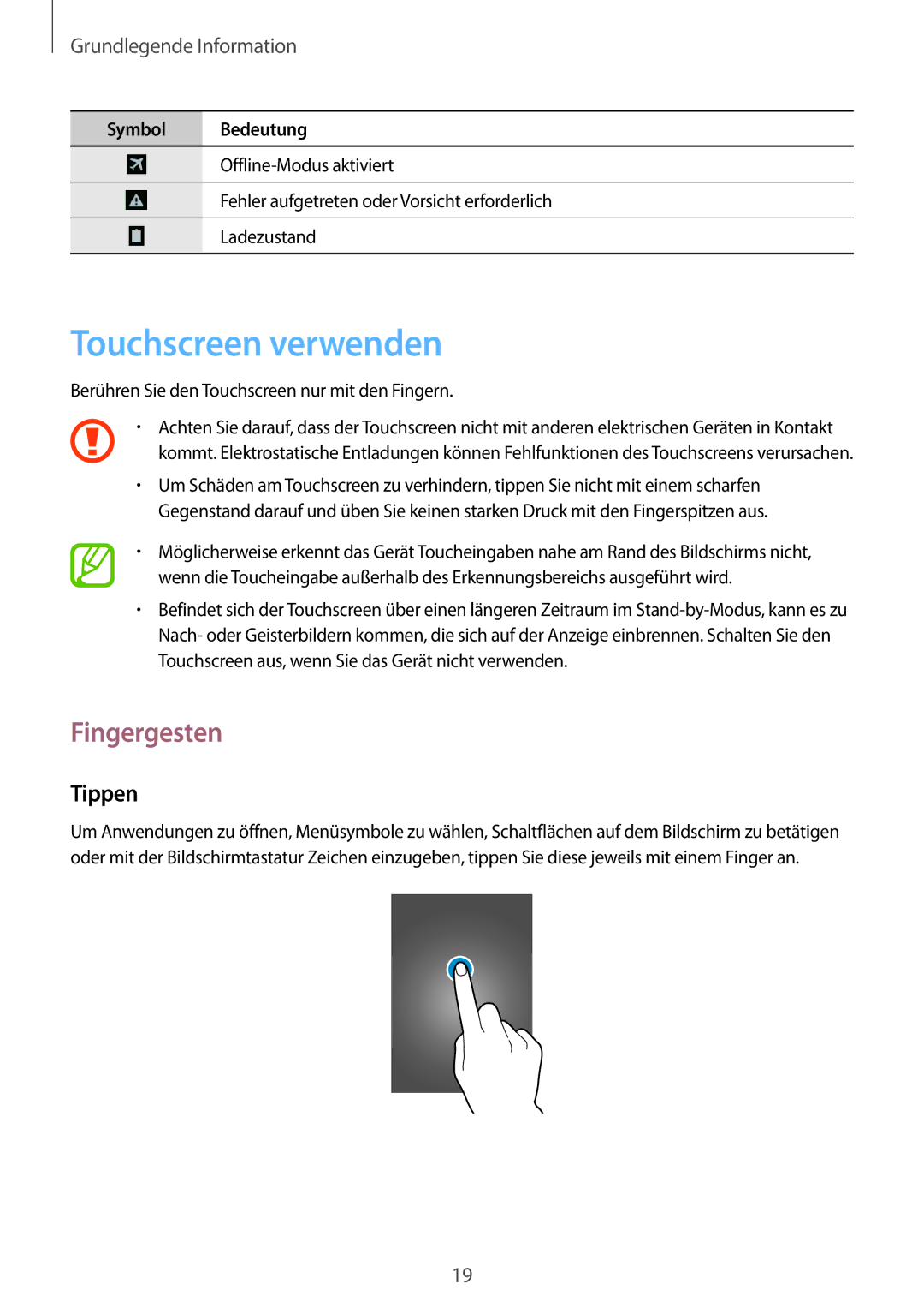 Samsung SM-T2110GNAATO, SM-T2110MKATPL, SM-T2110MKAATO, SM-T2110ZWADBT manual Touchscreen verwenden, Fingergesten, Tippen 