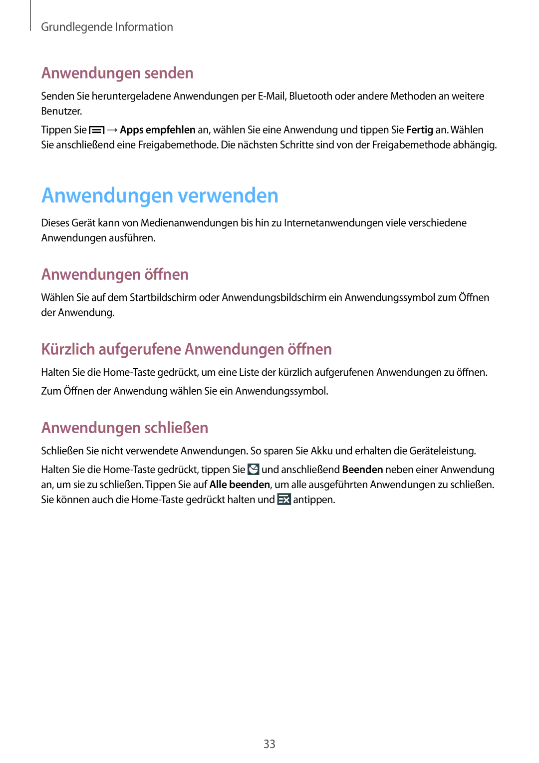 Samsung SM-T2110MKATMN manual Anwendungen verwenden, Anwendungen senden, Anwendungen öffnen, Anwendungen schließen 