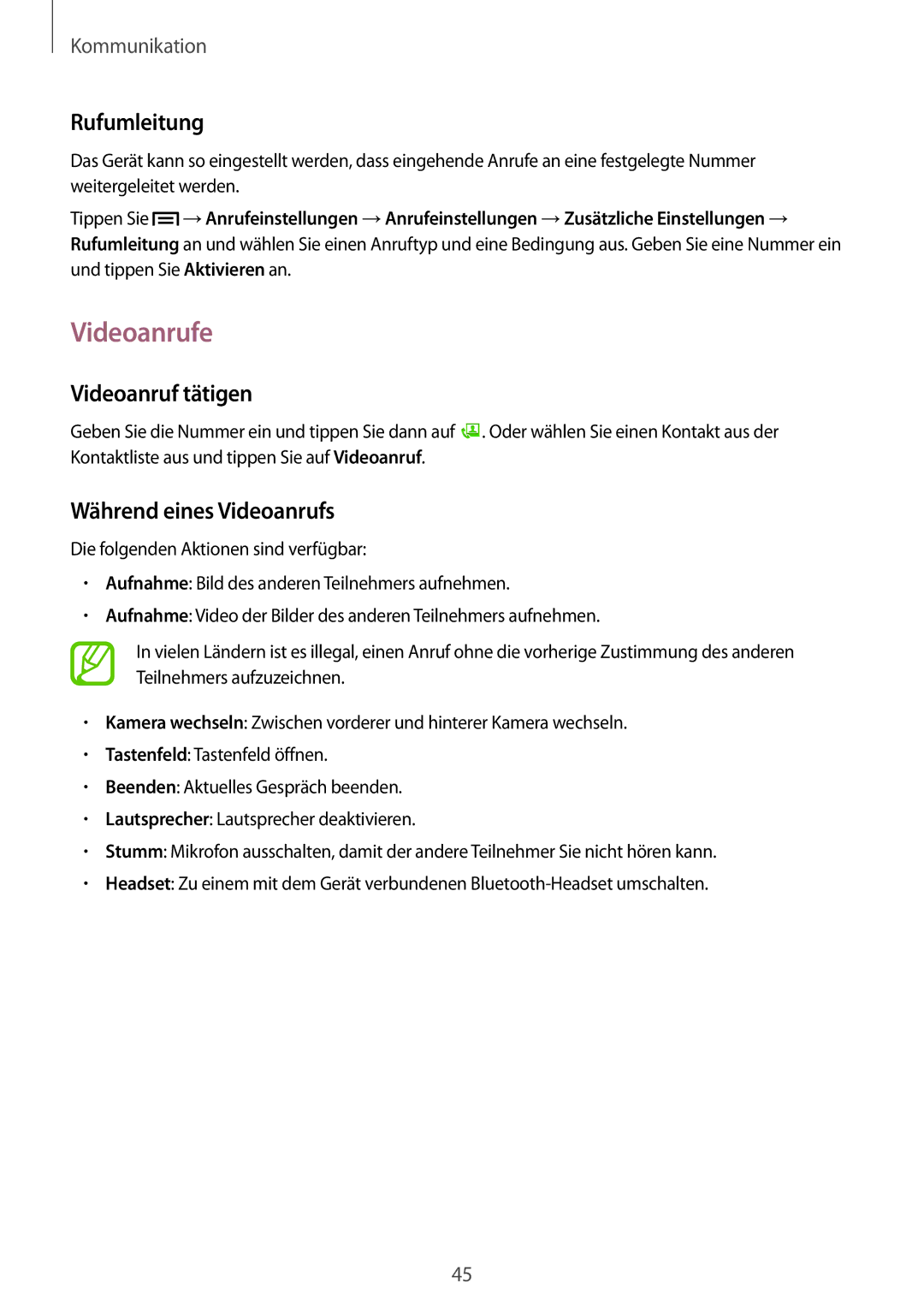 Samsung SM-T2110ZWAATO, SM-T2110MKATPL manual Videoanrufe, Rufumleitung, Videoanruf tätigen, Während eines Videoanrufs 