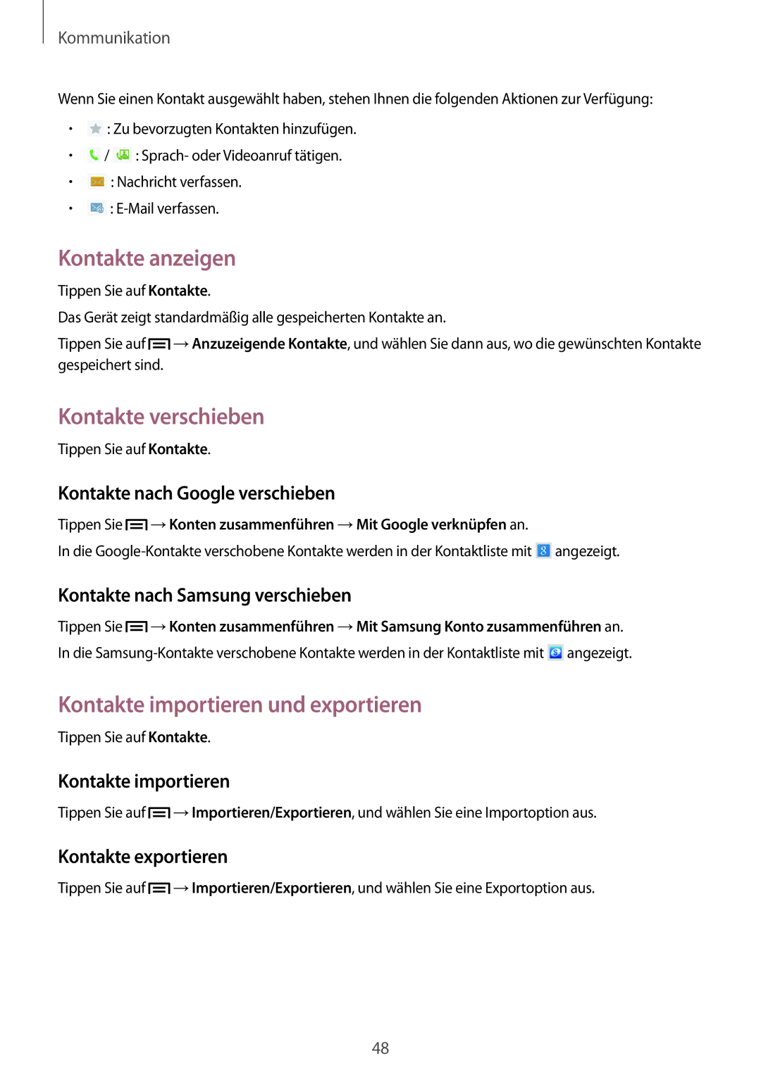 Samsung SM-T2110ZWATPH, SM-T2110MKATPL manual Kontakte anzeigen, Kontakte verschieben, Kontakte importieren und exportieren 