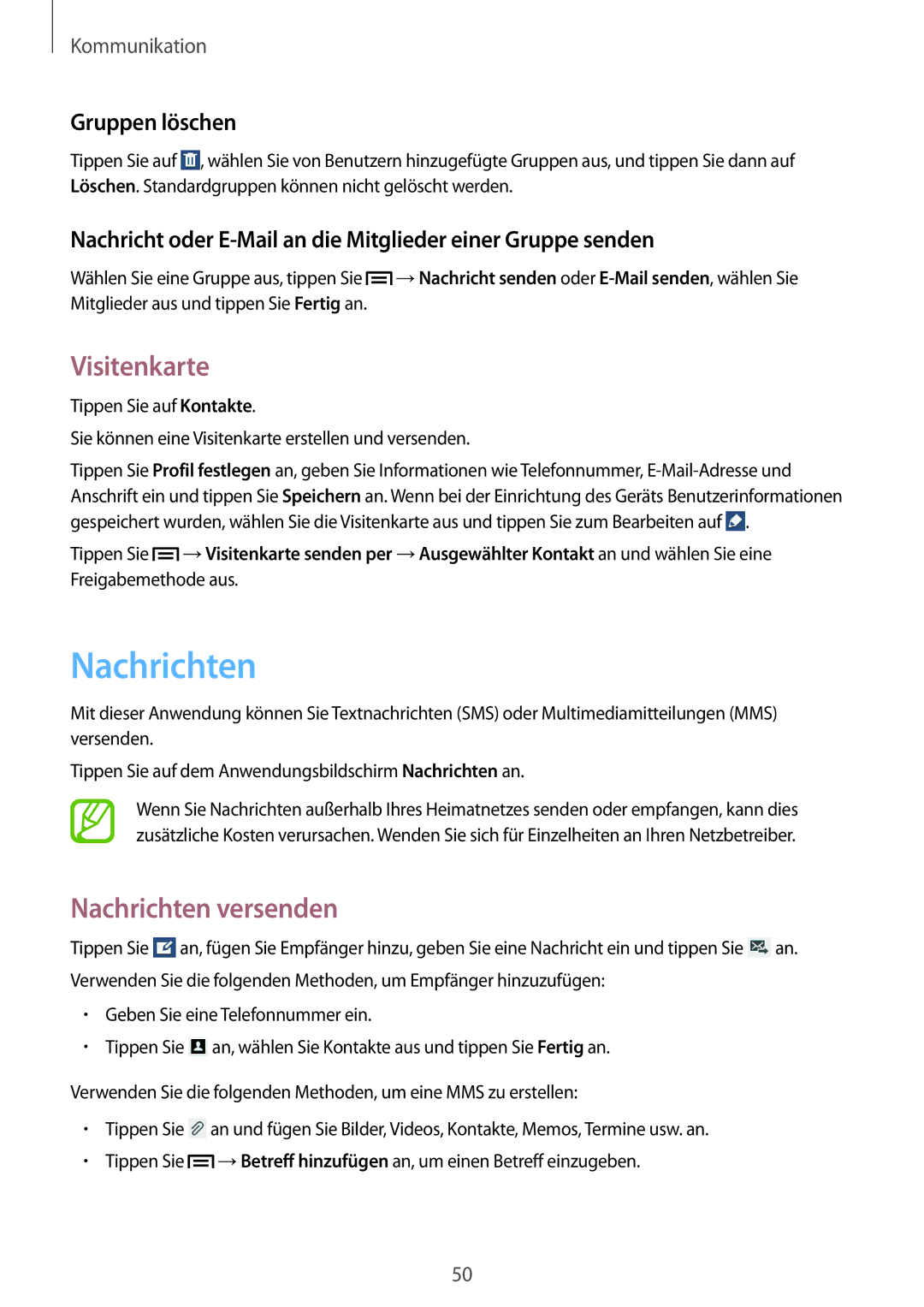 Samsung SM-T2110MKATPL, SM-T2110MKAATO, SM-T2110ZWADBT manual Visitenkarte, Nachrichten versenden, Gruppen löschen 
