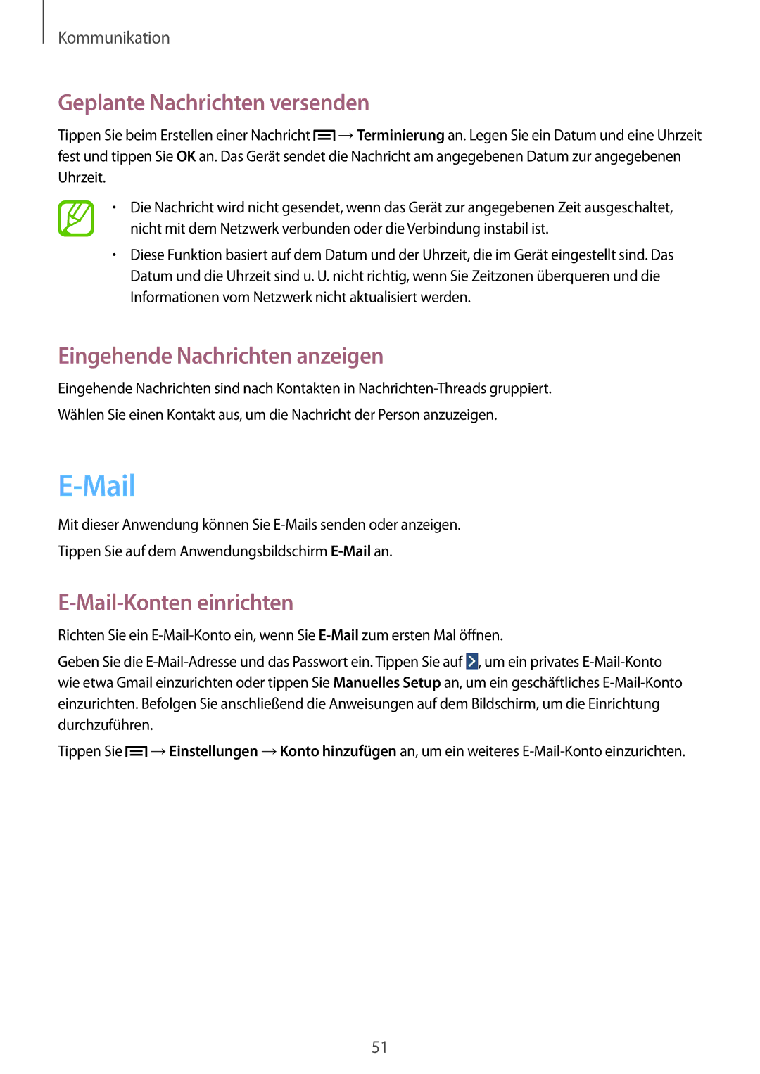 Samsung SM-T2110MKAATO manual Geplante Nachrichten versenden, Eingehende Nachrichten anzeigen, Mail-Konten einrichten 