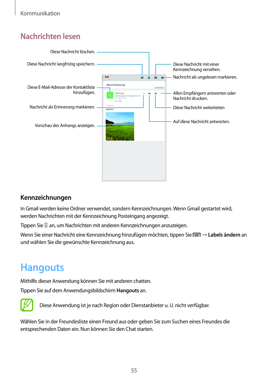 Samsung SM-T2110ZWAATO, SM-T2110MKATPL, SM-T2110MKAATO, SM-T2110ZWADBT, SM-T2110MKATMN manual Hangouts, Kennzeichnungen 