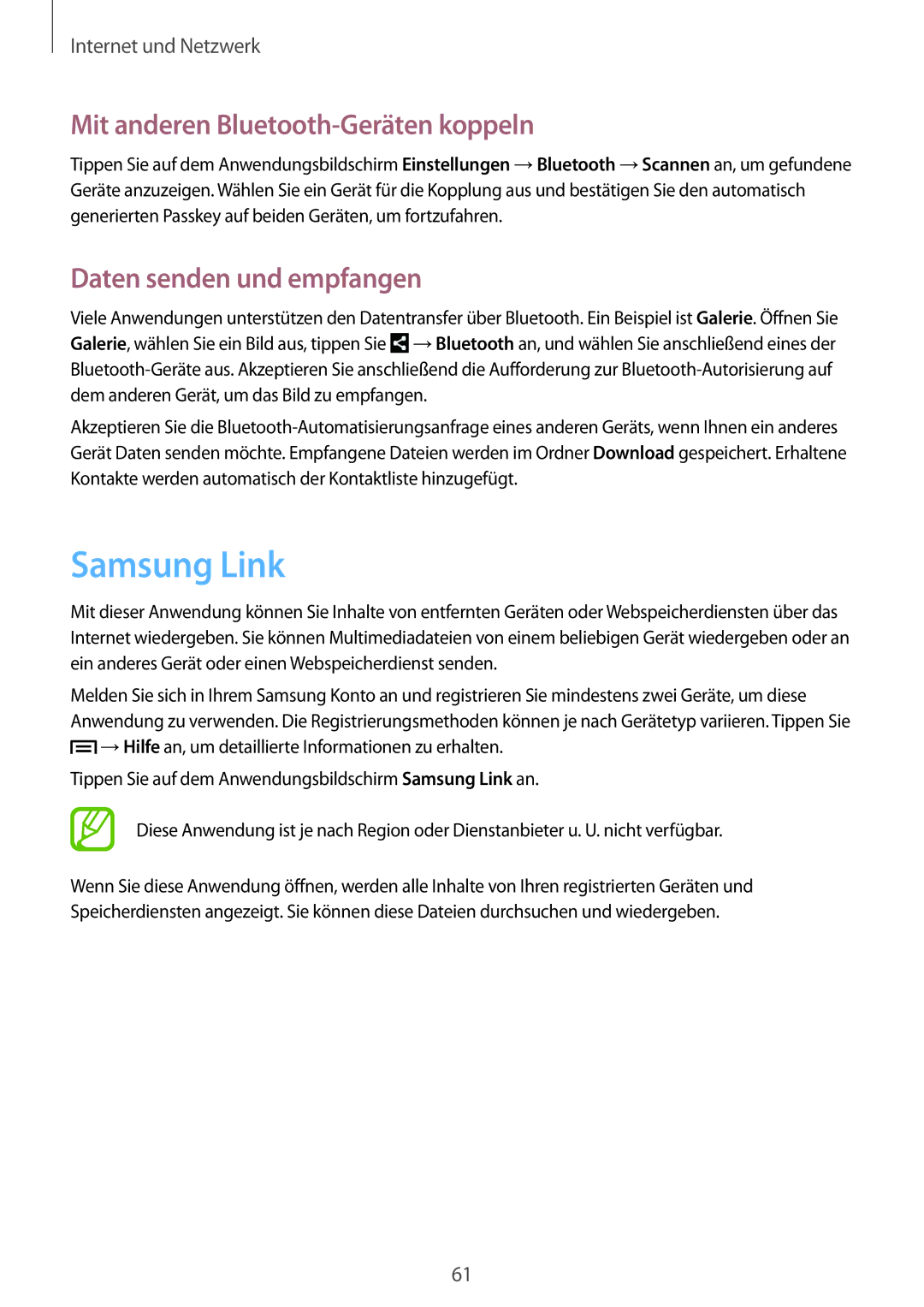 Samsung SM-T2110MKAATO, SM-T2110MKATPL Samsung Link, Mit anderen Bluetooth-Geräten koppeln, Daten senden und empfangen 