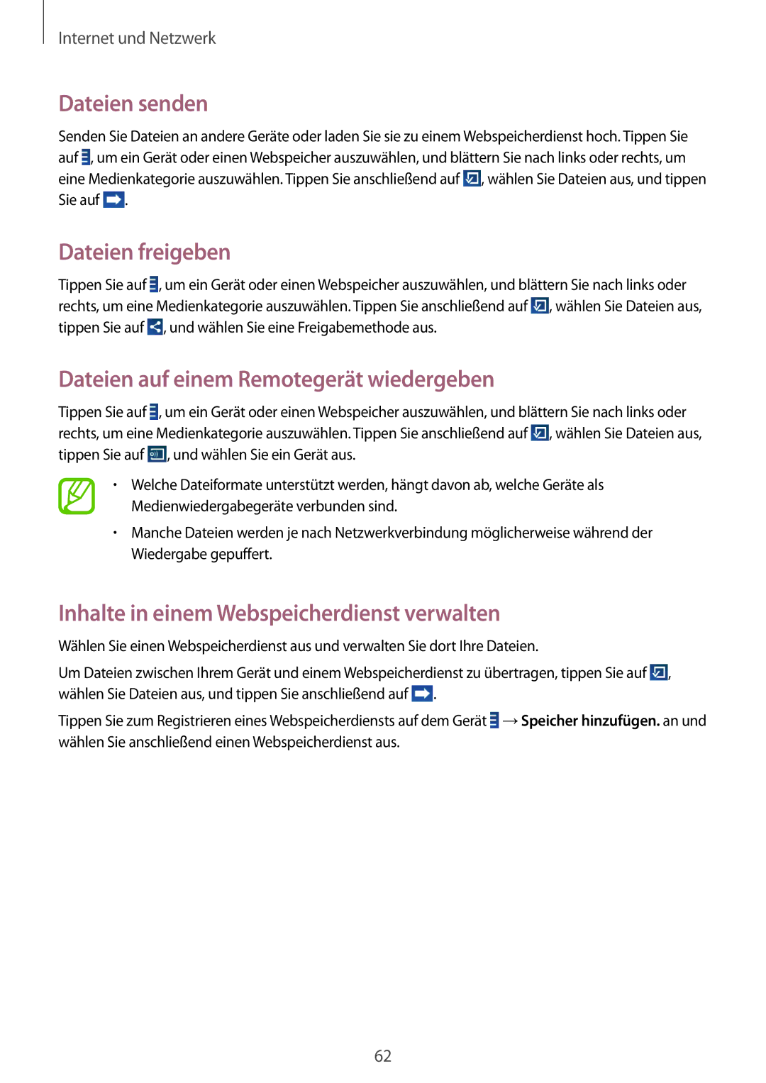 Samsung SM-T2110ZWADBT, SM-T2110MKATPL manual Dateien senden, Dateien freigeben, Dateien auf einem Remotegerät wiedergeben 