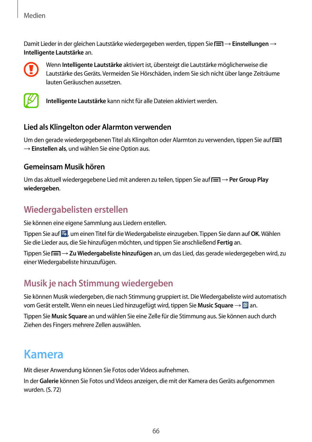 Samsung SM-T2110ZWATPL manual Kamera, Wiedergabelisten erstellen, Musik je nach Stimmung wiedergeben, Gemeinsam Musik hören 