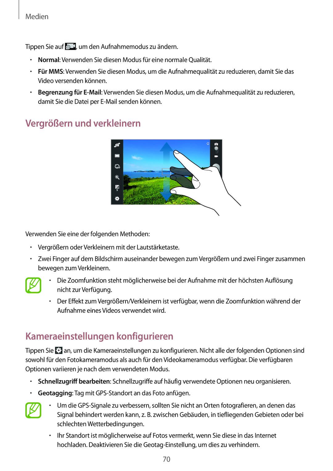 Samsung SM-T2110MKATPL, SM-T2110MKAATO, SM-T2110ZWADBT manual Vergrößern und verkleinern, Kameraeinstellungen konfigurieren 