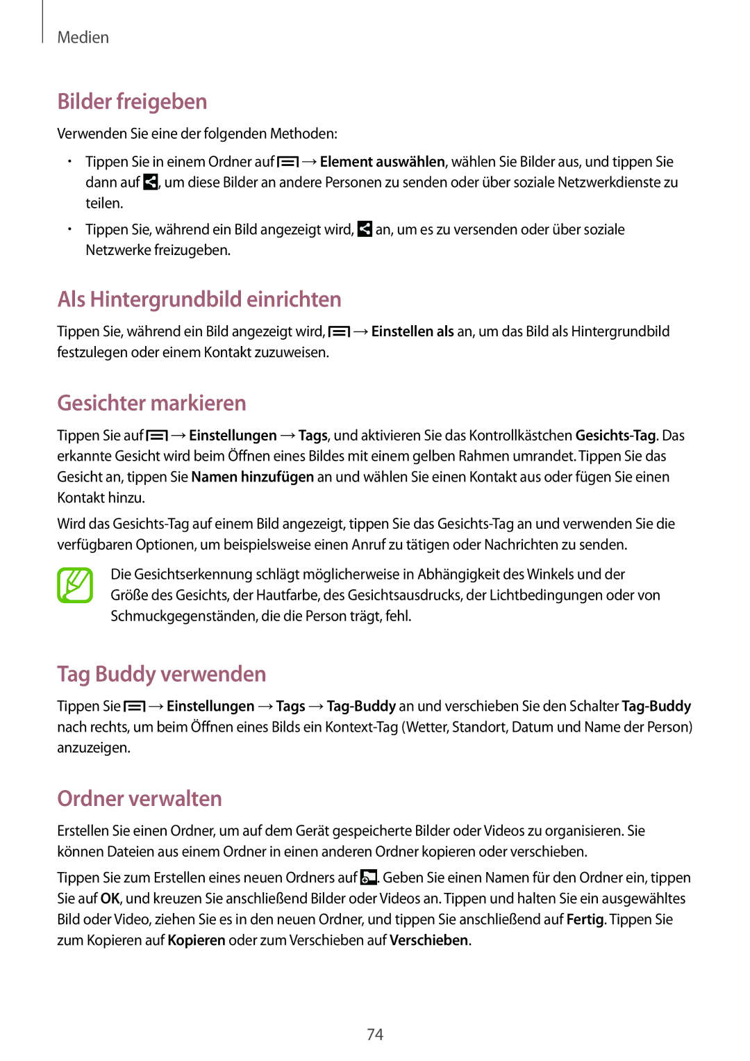 Samsung SM-T2110MKADBT manual Bilder freigeben, Als Hintergrundbild einrichten, Gesichter markieren, Tag Buddy verwenden 