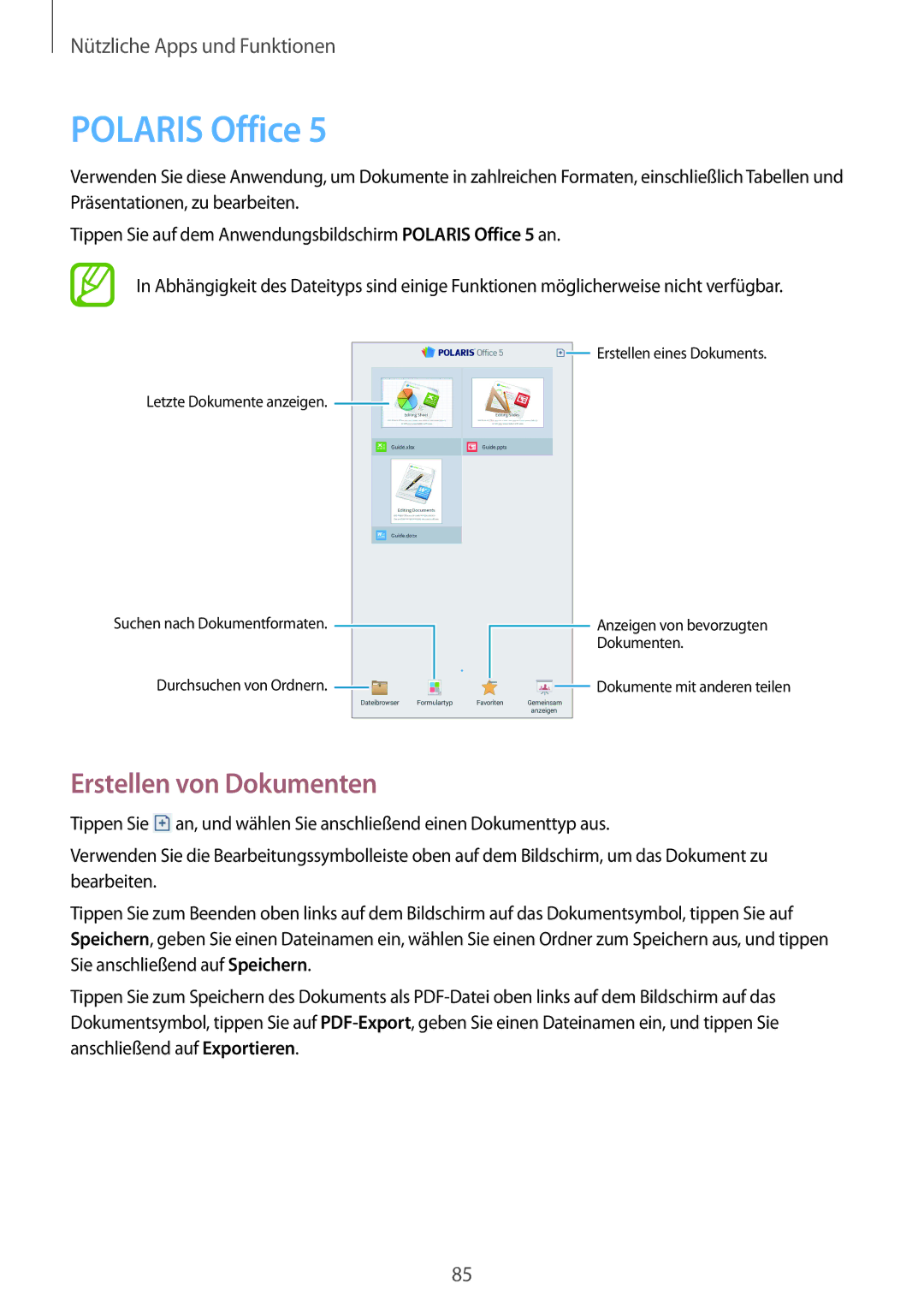 Samsung SM-T2110ZWAATO, SM-T2110MKATPL, SM-T2110MKAATO, SM-T2110ZWADBT manual Polaris Office, Erstellen von Dokumenten 