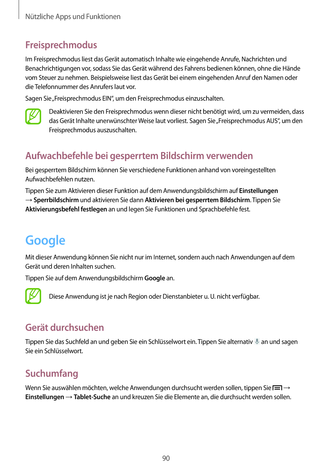 Samsung SM-T2110MKATPL Google, Freisprechmodus, Aufwachbefehle bei gesperrtem Bildschirm verwenden, Gerät durchsuchen 