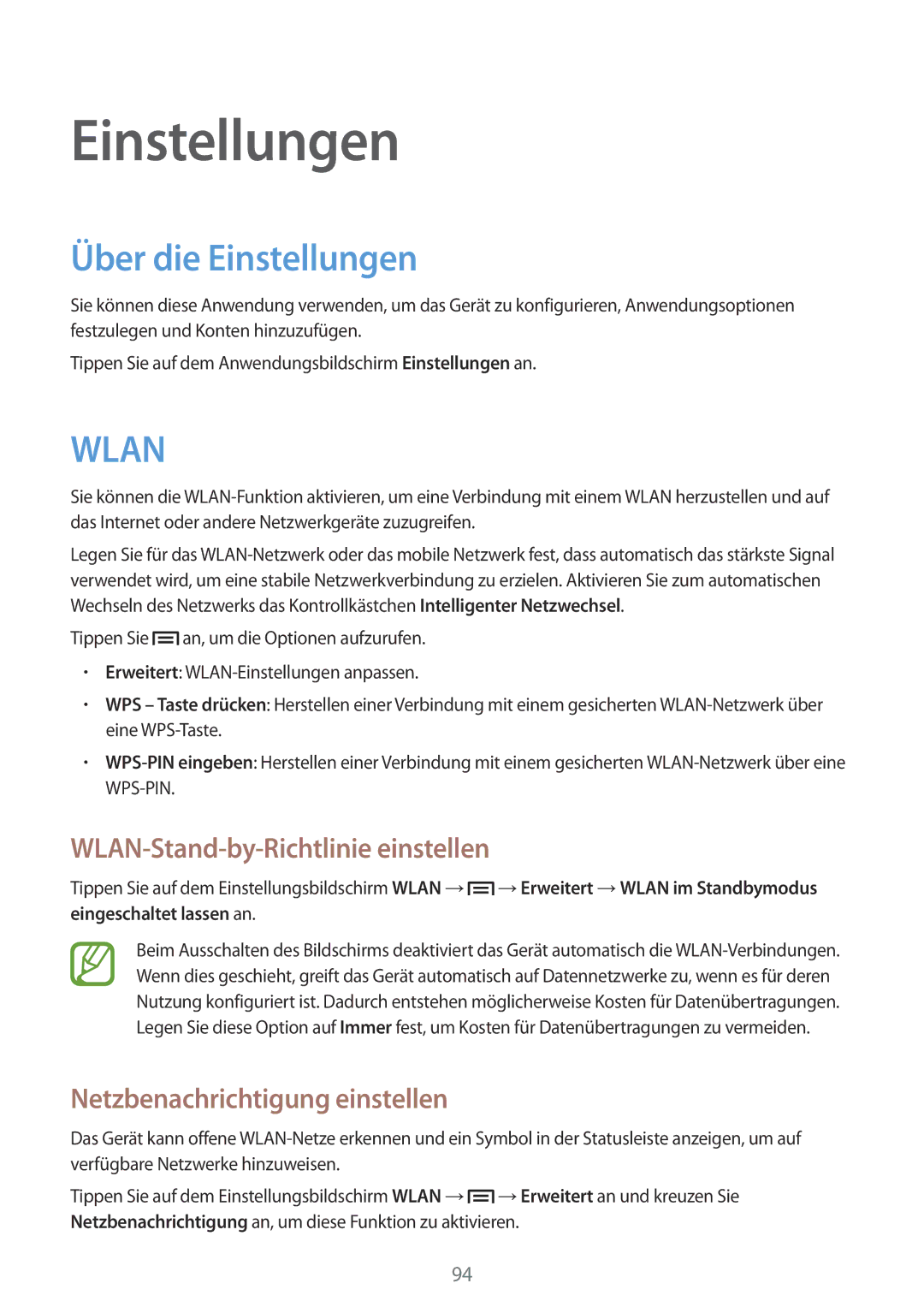 Samsung SM-T2110MKADBT Über die Einstellungen, WLAN-Stand-by-Richtlinie einstellen, Netzbenachrichtigung einstellen 