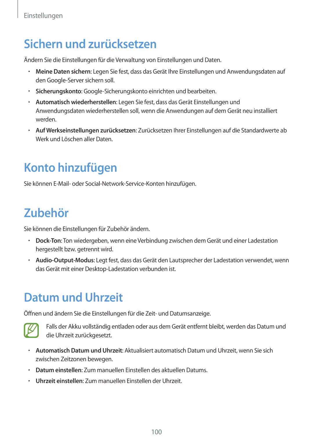 Samsung SM-T2110MKATPL, SM-T2110MKAATO manual Sichern und zurücksetzen, Konto hinzufügen, Zubehör, Datum und Uhrzeit 