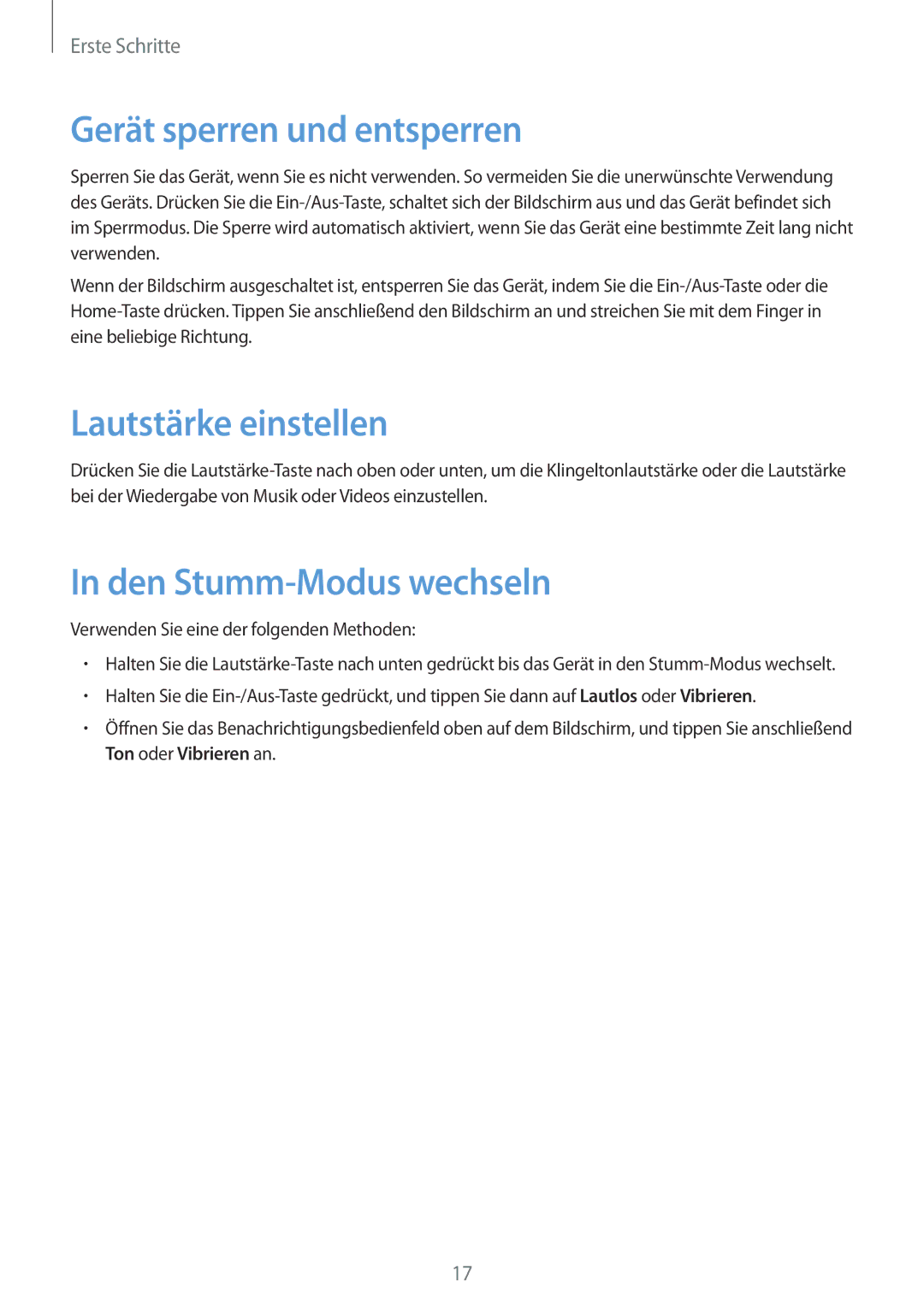 Samsung SM-T2110ZWAITV, SM-T2110MKATPL manual Gerät sperren und entsperren, Lautstärke einstellen, Den Stumm-Modus wechseln 