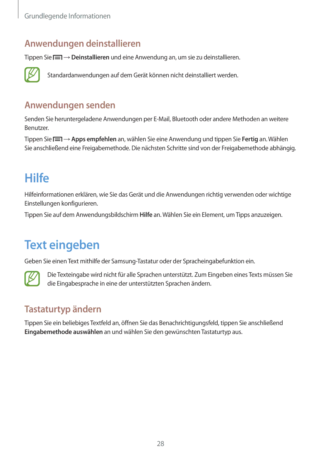 Samsung SM-T2110ZWATPH manual Hilfe, Text eingeben, Anwendungen deinstallieren, Anwendungen senden, Tastaturtyp ändern 