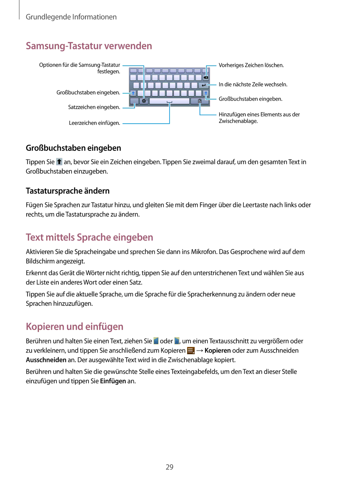 Samsung SM-T2110GNAATO, SM-T2110MKATPL Samsung-Tastatur verwenden, Text mittels Sprache eingeben, Kopieren und einfügen 