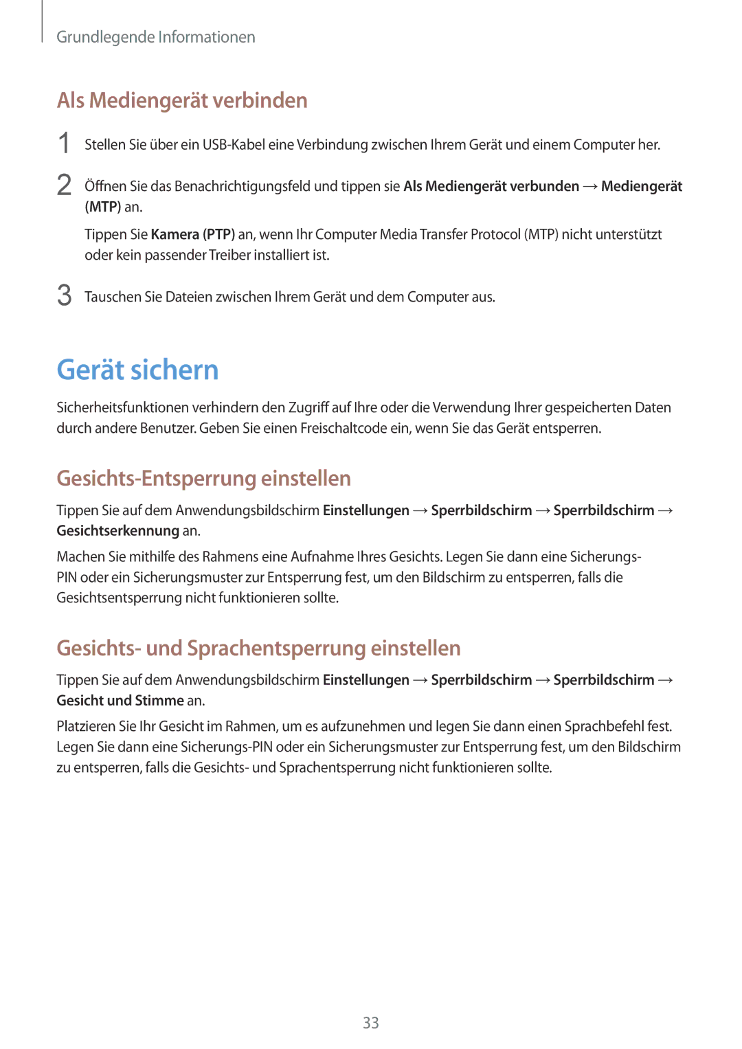 Samsung SM-T2110MKATMN, SM-T2110MKATPL manual Gerät sichern, Als Mediengerät verbinden, Gesichts-Entsperrung einstellen 