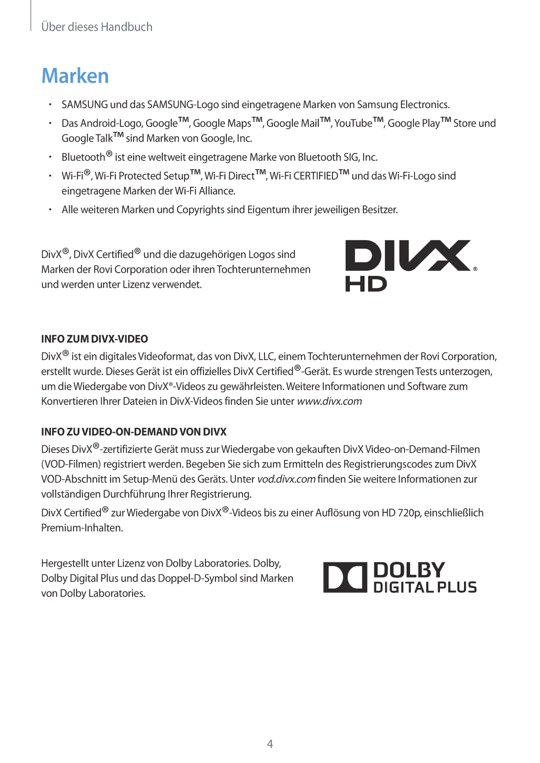 Samsung SM-T2110MKADBT, SM-T2110MKATPL, SM-T2110MKAATO manual Marken, Info ZUM DIVX-VIDEO Info ZU VIDEO-ON-DEMAND VON Divx 