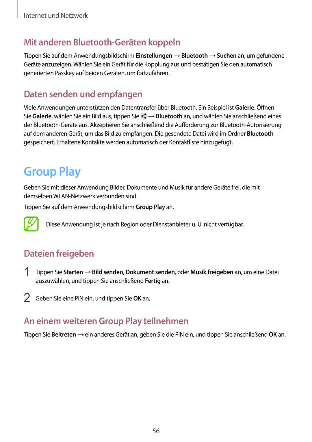 Samsung SM-T2110ZWATPL Group Play, Mit anderen Bluetooth-Geräten koppeln, Daten senden und empfangen, Dateien freigeben 