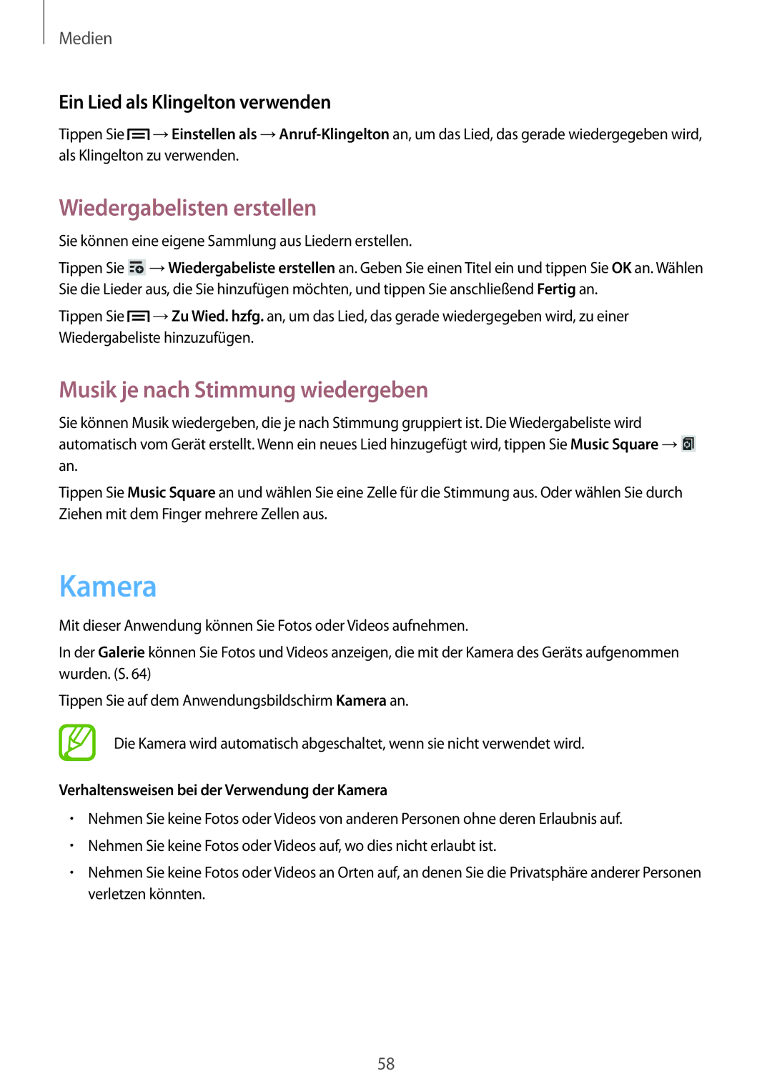 Samsung SM-T2110ZWATPH, SM-T2110MKATPL manual Kamera, Wiedergabelisten erstellen, Musik je nach Stimmung wiedergeben 