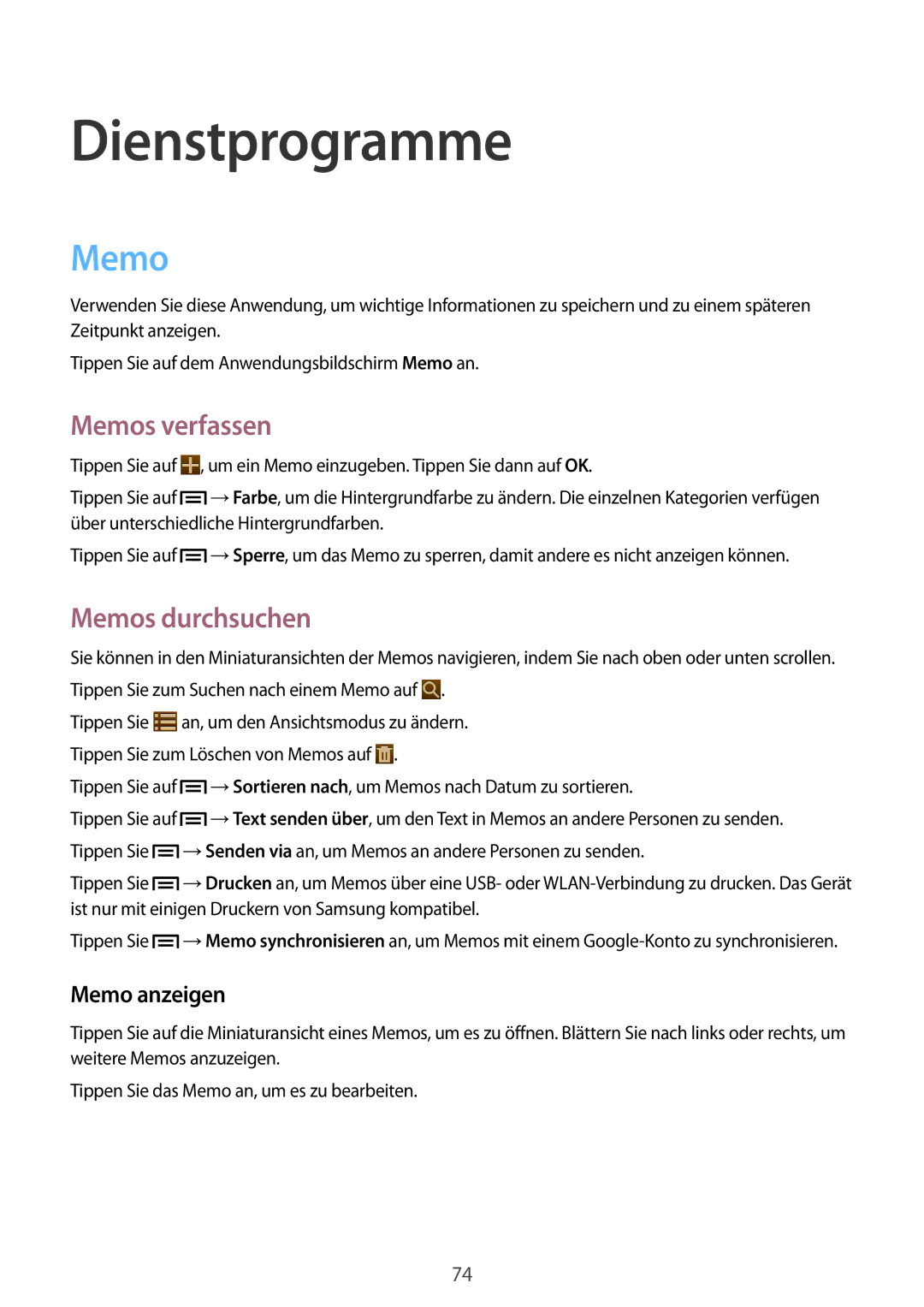 Samsung SM-T2110MKADBT, SM-T2110MKATPL manual Dienstprogramme, Memos verfassen, Memos durchsuchen, Memo anzeigen 