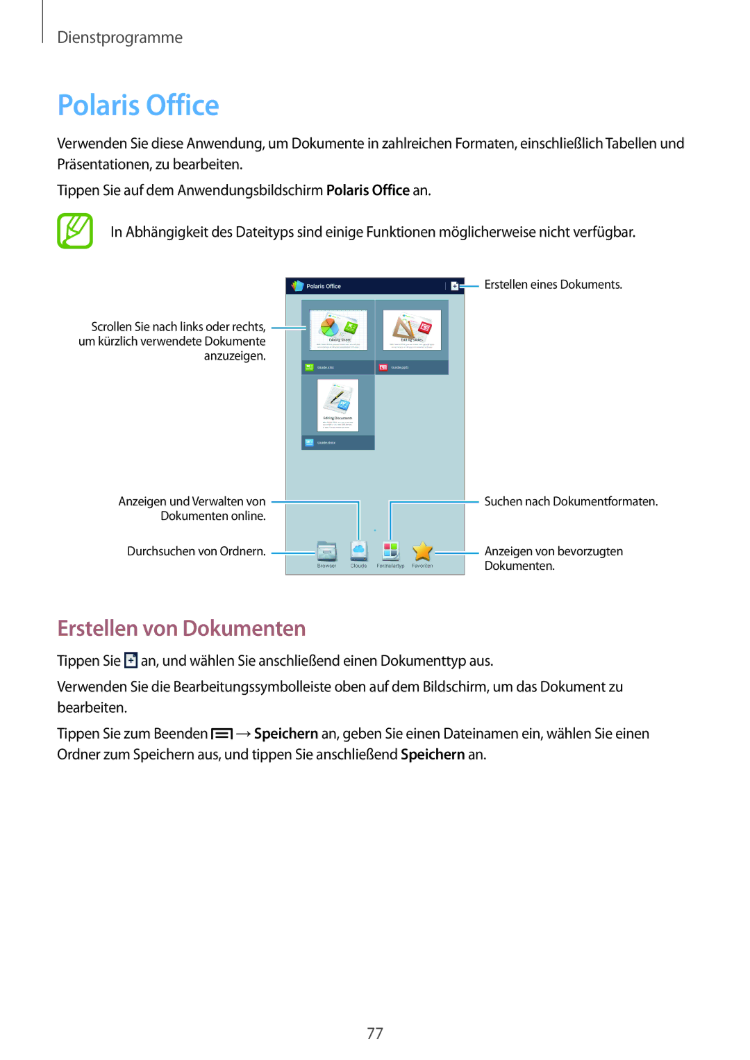 Samsung SM-T2110ZWAITV, SM-T2110MKATPL, SM-T2110MKAATO, SM-T2110ZWADBT manual Polaris Office, Erstellen von Dokumenten 