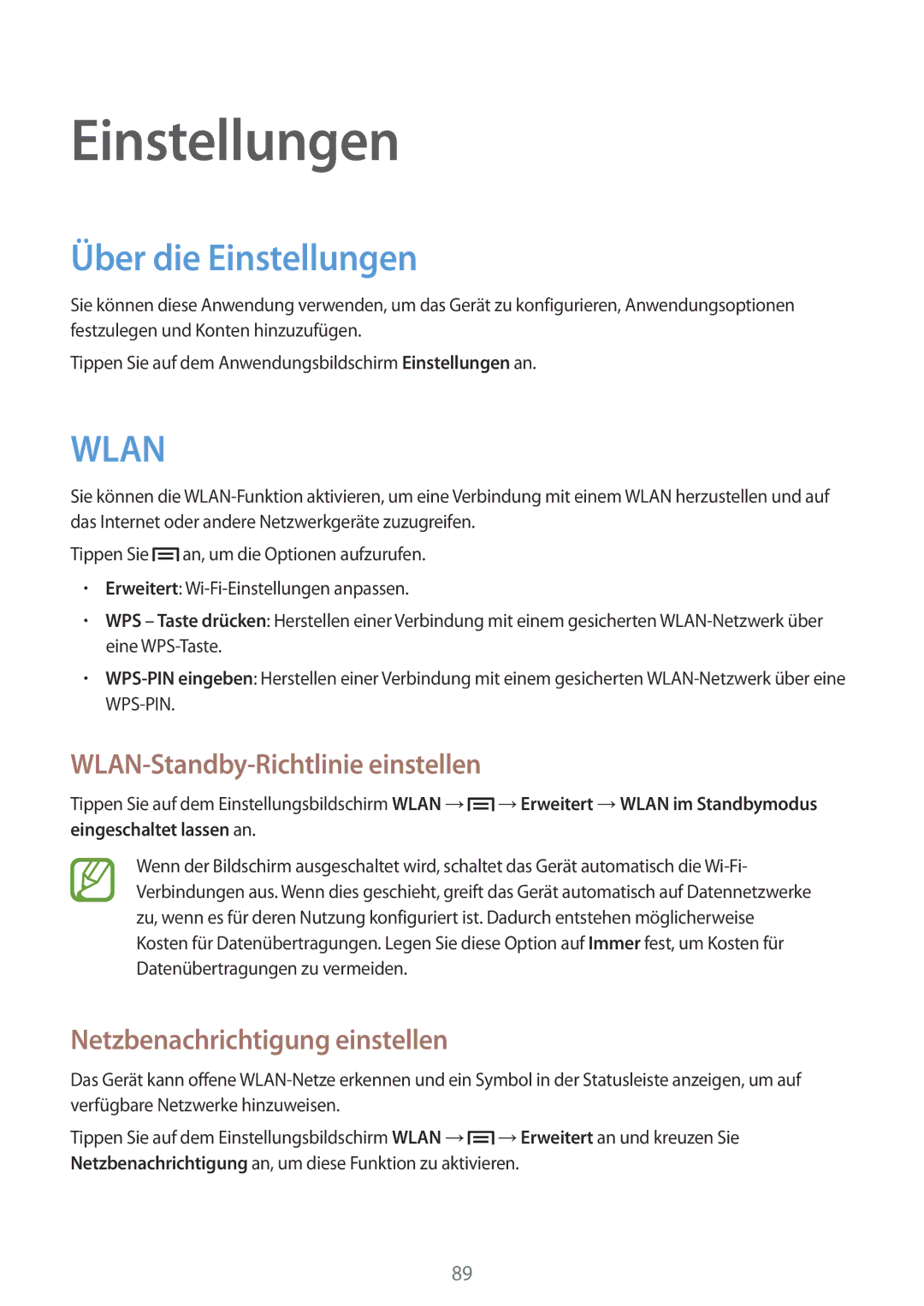 Samsung SM-T2110GNAATO Über die Einstellungen, WLAN-Standby-Richtlinie einstellen, Netzbenachrichtigung einstellen 