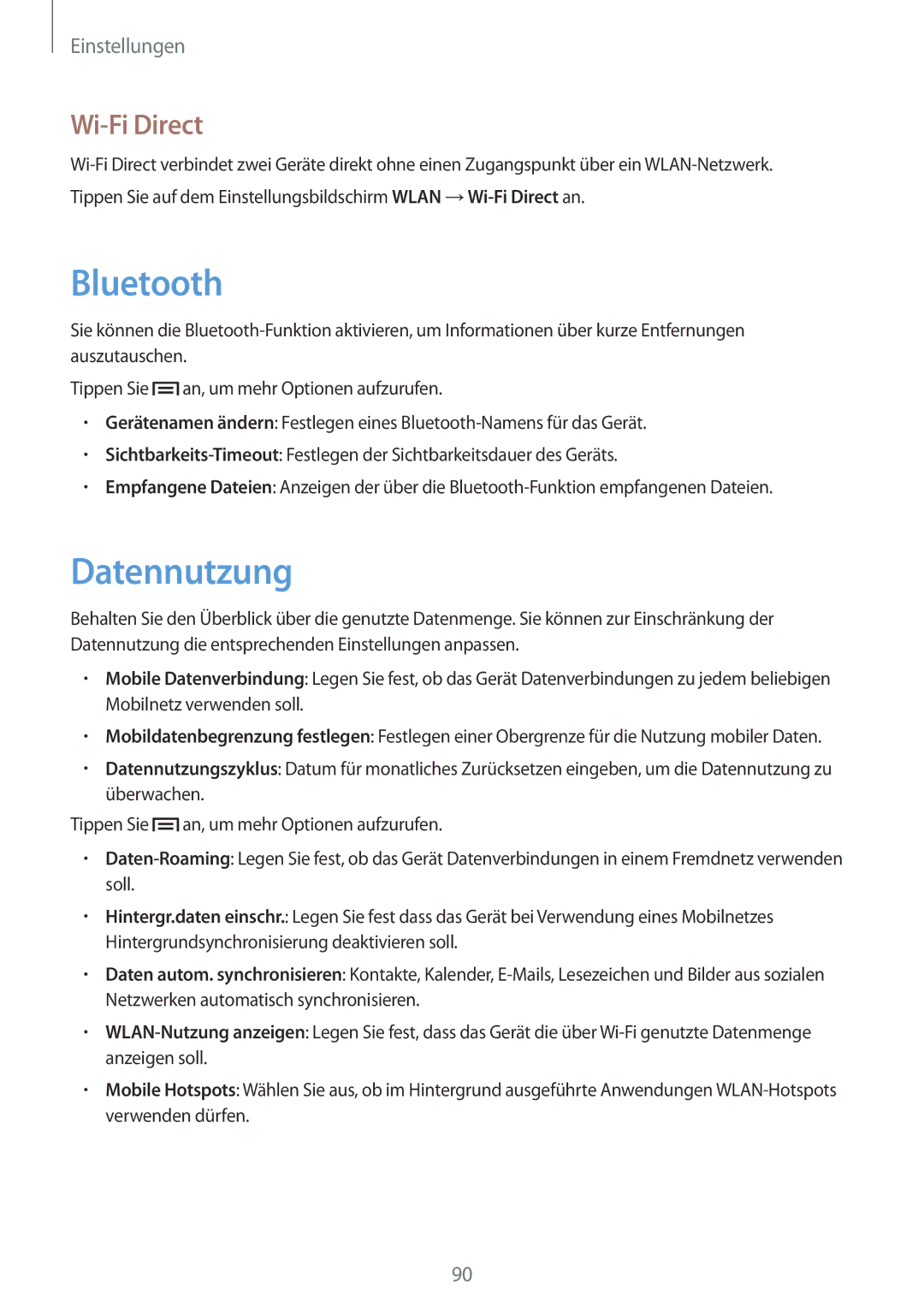 Samsung SM-T2110MKATPL, SM-T2110MKAATO, SM-T2110ZWADBT, SM-T2110MKATMN, SM-T2110MKADBT manual Datennutzung, Wi-Fi Direct 