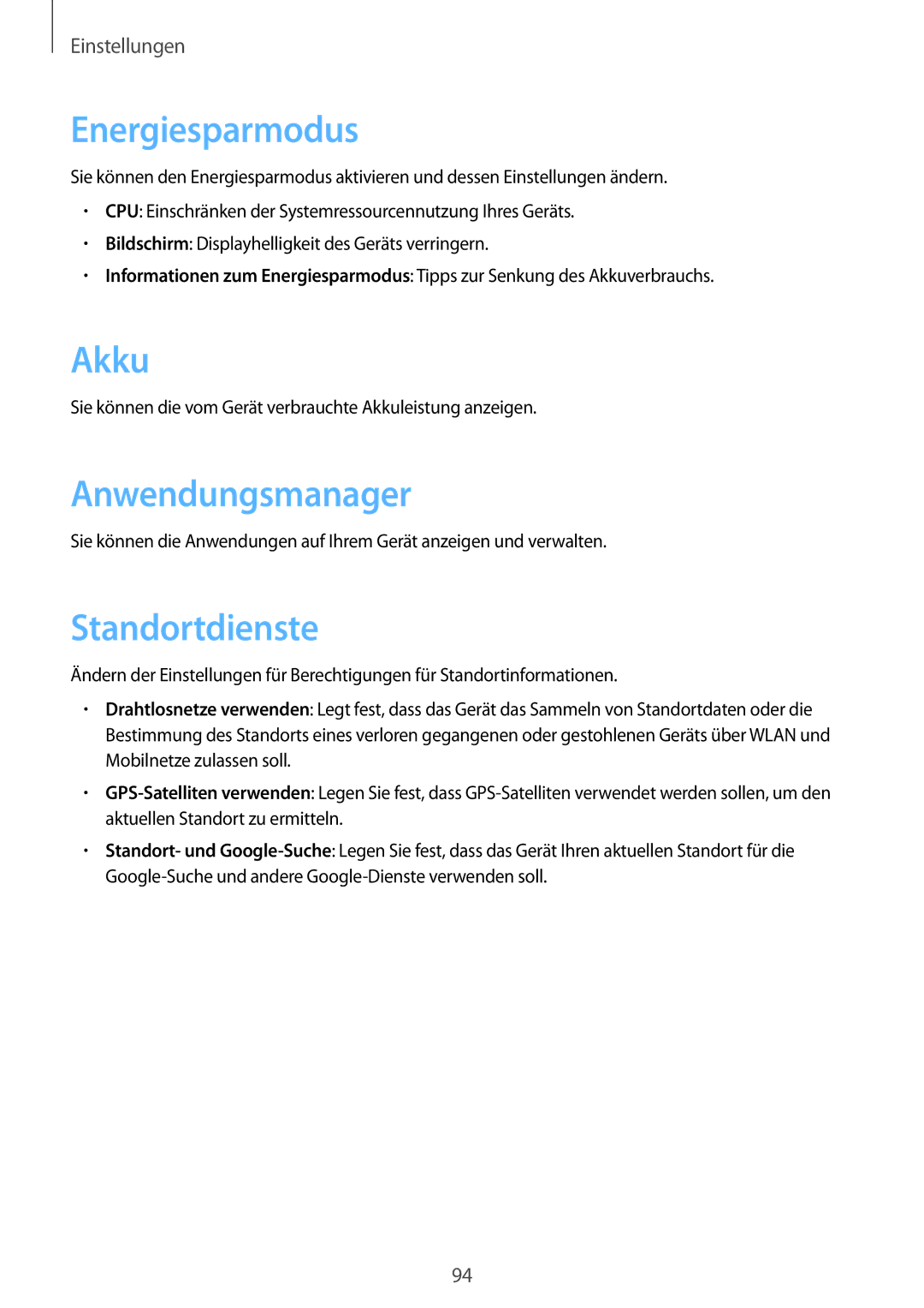 Samsung SM-T2110MKADBT, SM-T2110MKATPL, SM-T2110MKAATO manual Energiesparmodus, Akku, Anwendungsmanager, Standortdienste 