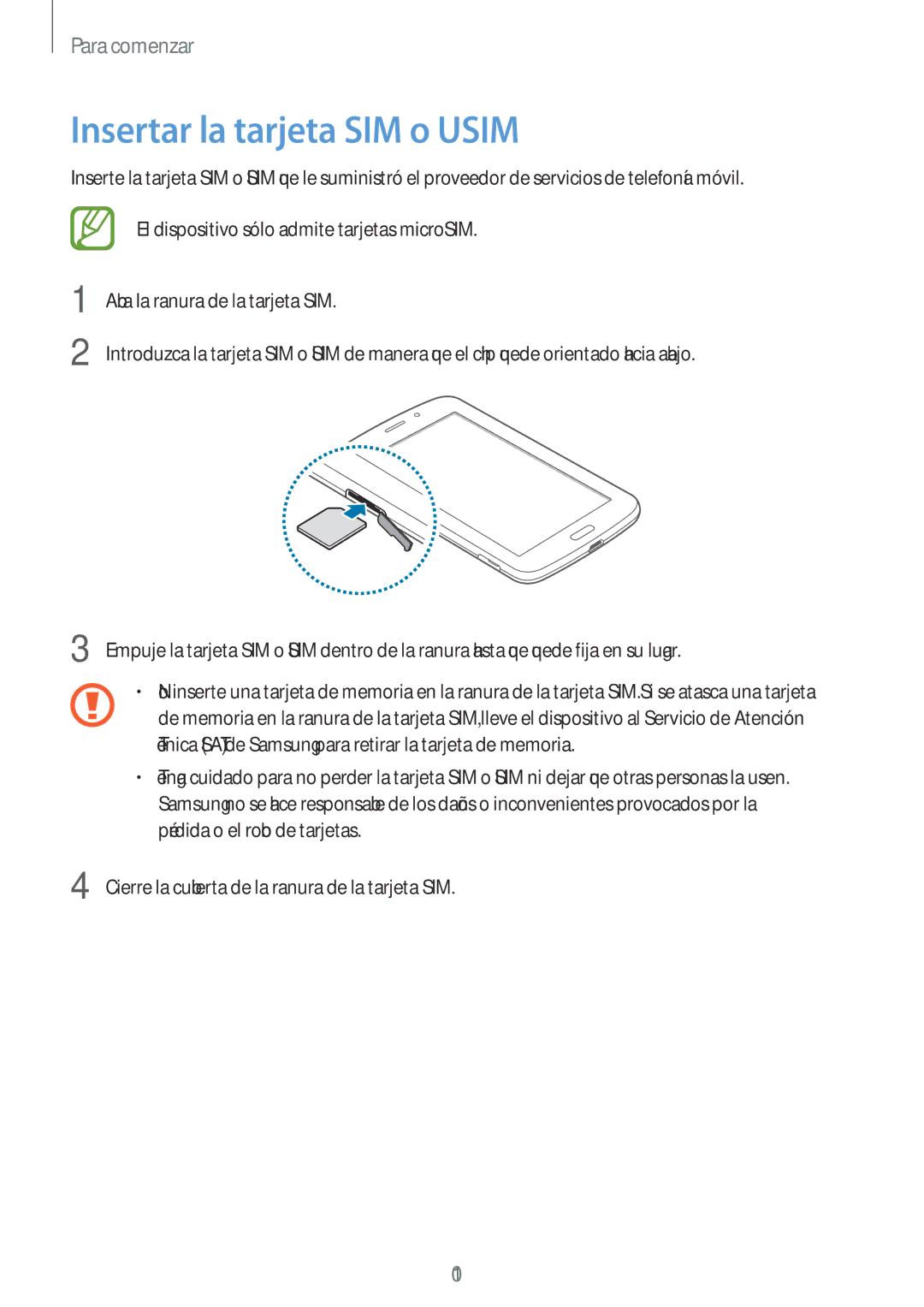 Samsung SM-T2110MKAXEO, SM-T2110ZWADBT, SM-T2110ZWATPH, SM-T2110ZWAPHE, SM-T2110MKAPHE manual Insertar la tarjeta SIM o Usim 