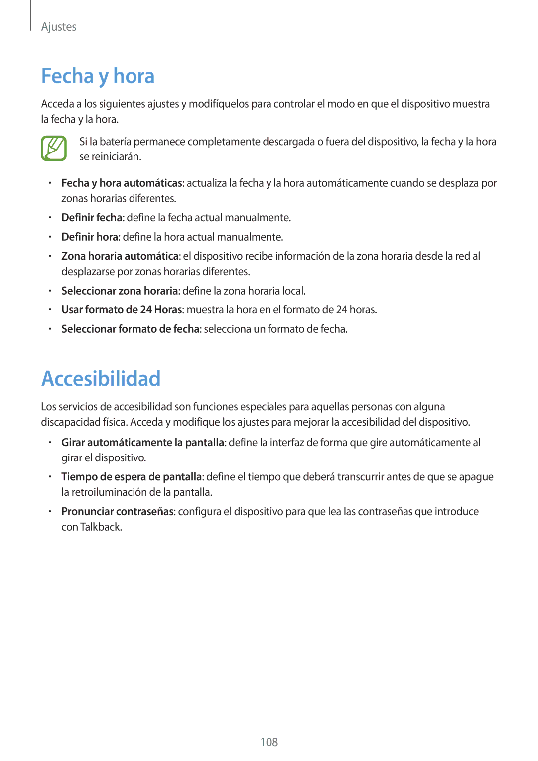 Samsung SM-T2110ZWADBT, SM-T2110ZWATPH, SM-T2110ZWAPHE, SM-T2110MKAPHE, SM-T2110MKAXEO manual Fecha y hora, Accesibilidad 