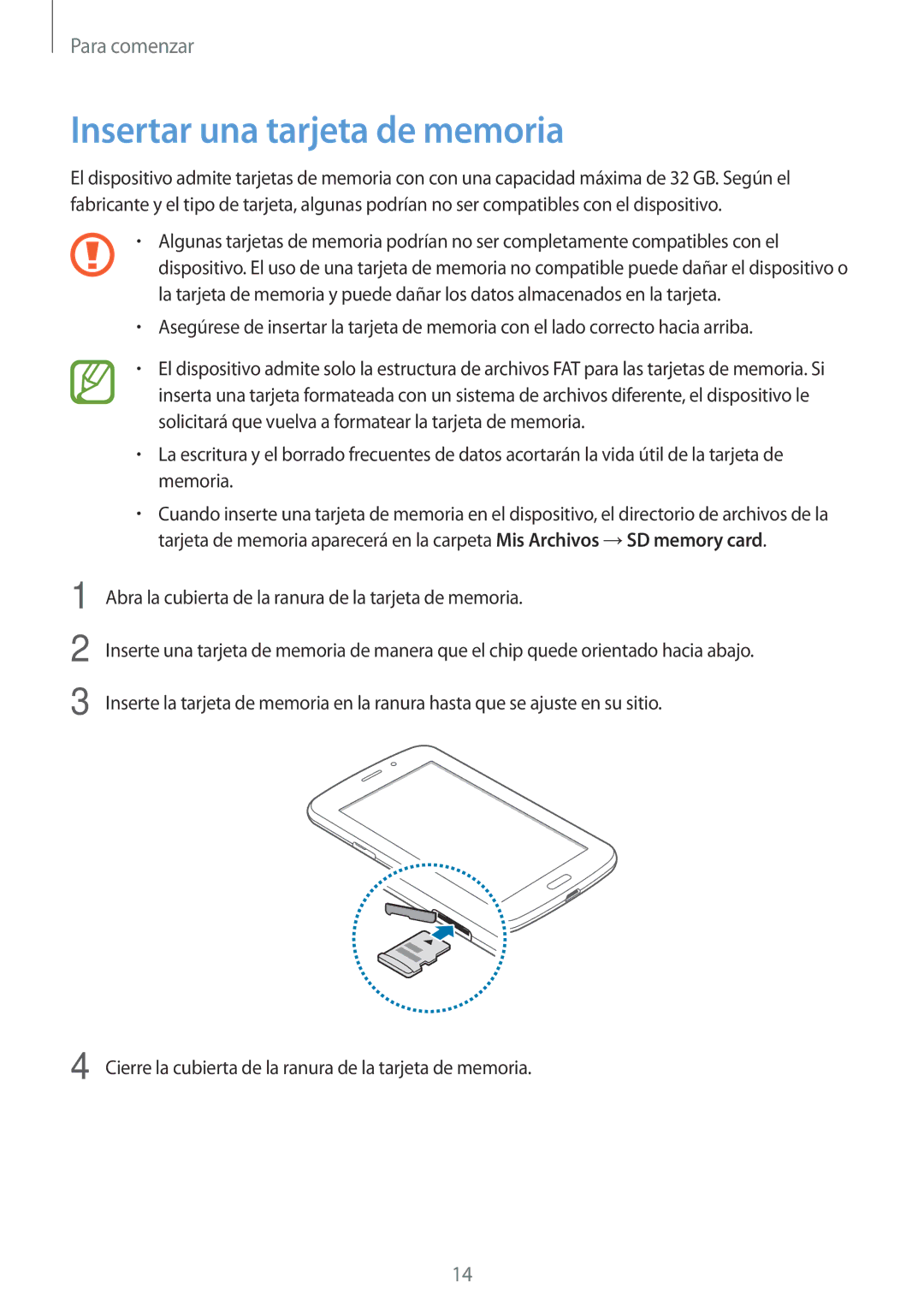 Samsung SM-T2110ZWAPHE, SM-T2110ZWADBT, SM-T2110ZWATPH, SM-T2110MKAPHE, SM-T2110MKAXEO manual Insertar una tarjeta de memoria 