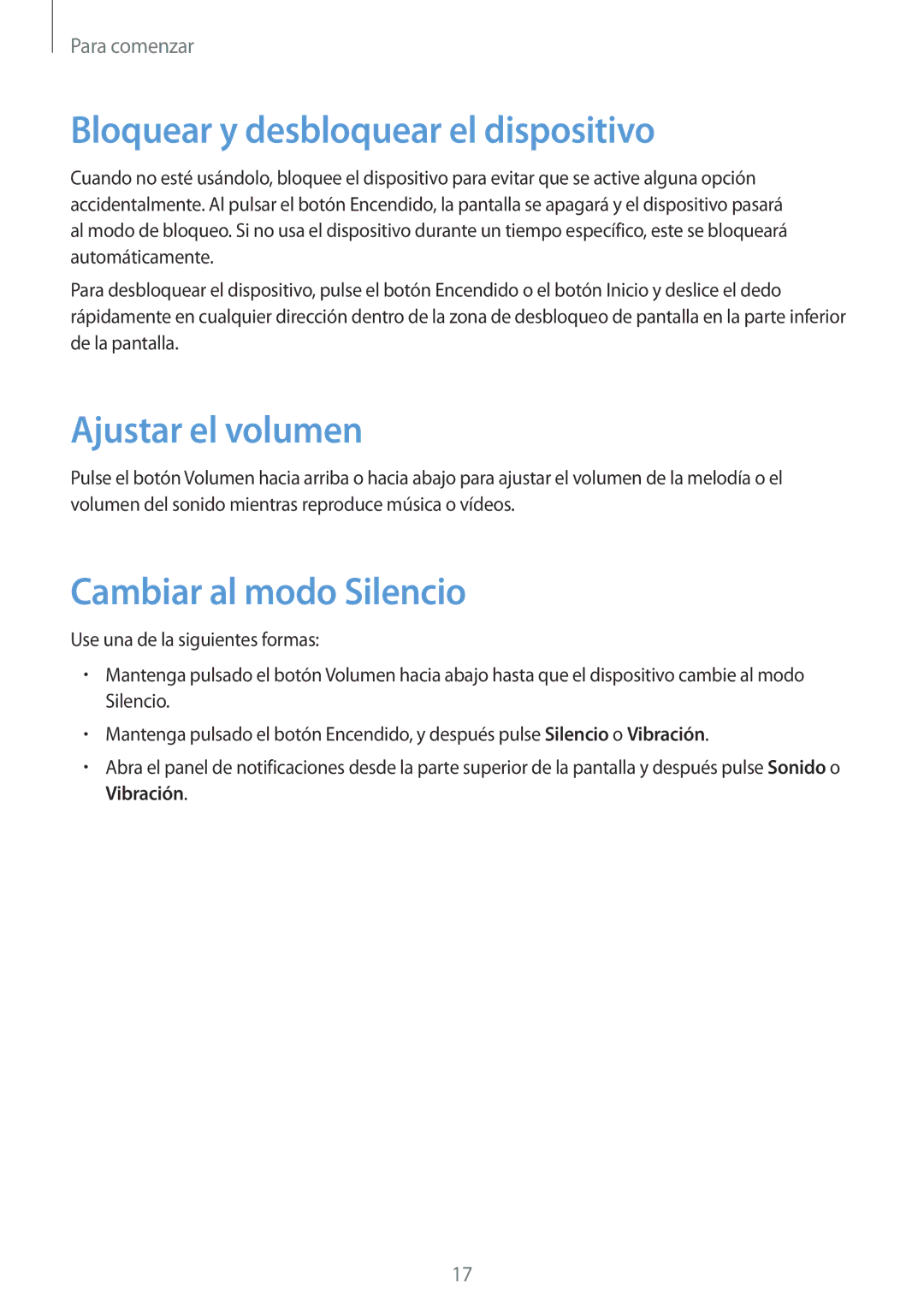 Samsung SM-T2110GNAAMN, SM-T2110ZWADBT Bloquear y desbloquear el dispositivo, Ajustar el volumen, Cambiar al modo Silencio 