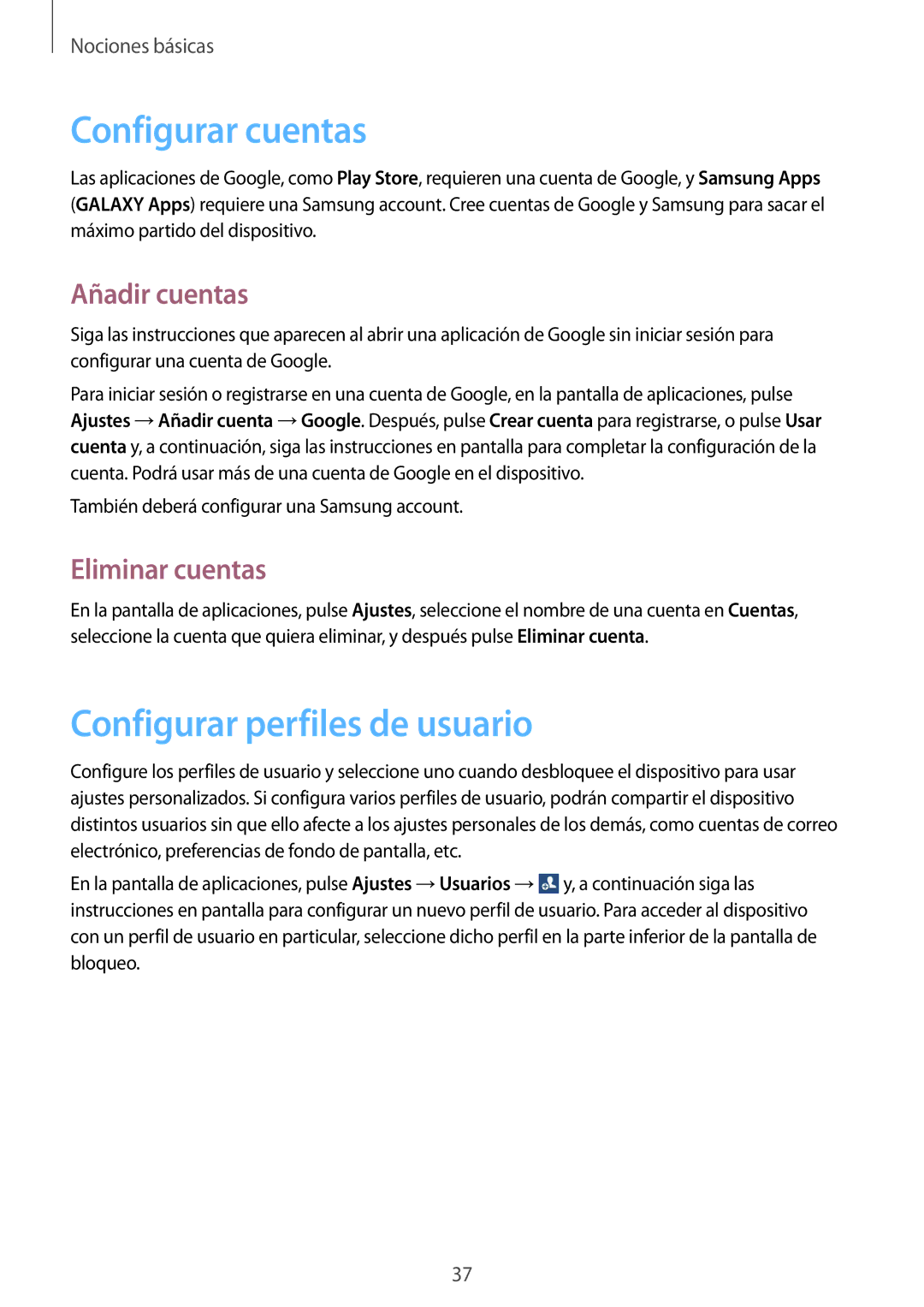 Samsung SM-T2110ZWATPH manual Configurar cuentas, Configurar perfiles de usuario, Añadir cuentas, Eliminar cuentas 