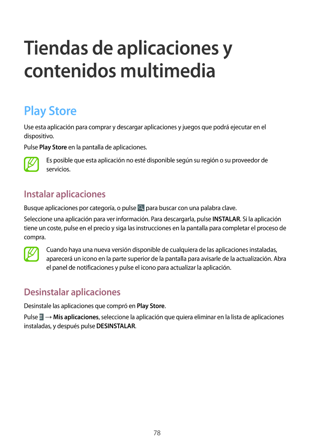 Samsung SM-T2110ZWADBT, SM-T2110ZWATPH, SM-T2110ZWAPHE manual Tiendas de aplicaciones y contenidos multimedia, Play Store 