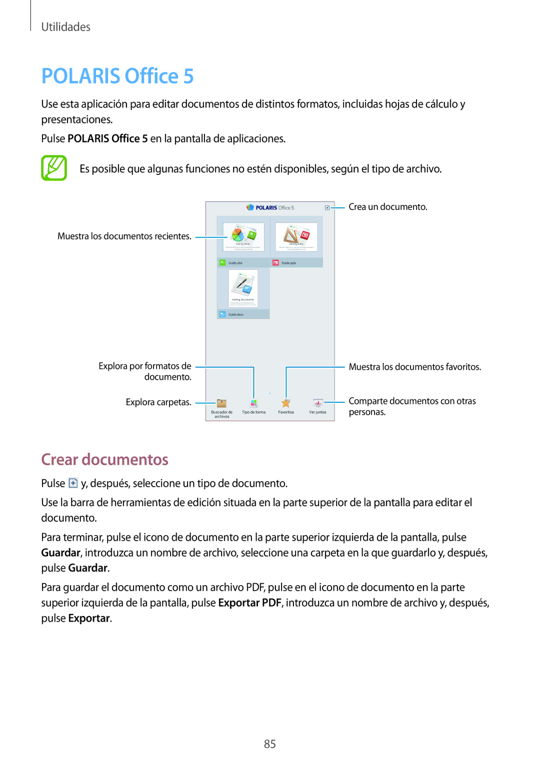 Samsung SM-T2110ZWATPH, SM-T2110ZWADBT, SM-T2110ZWAPHE, SM-T2110MKAPHE, SM-T2110MKAXEO manual Polaris Office, Crear documentos 