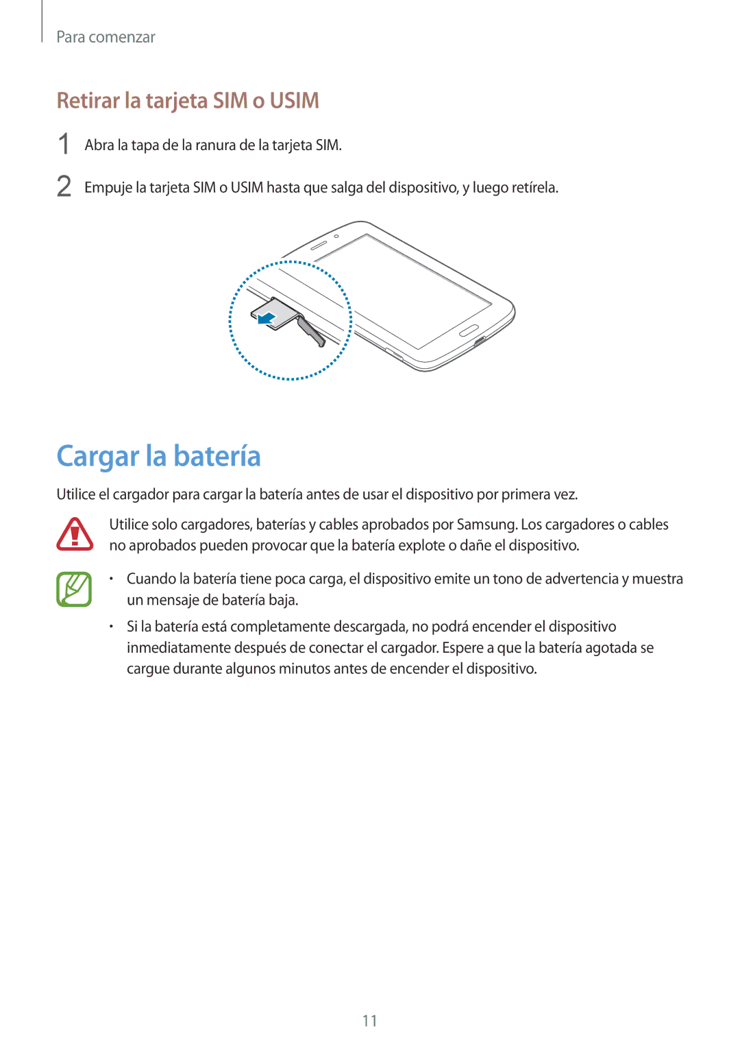 Samsung SM-T2110GNAAMN, SM-T2110ZWADBT, SM-T2110ZWATPH, SM-T2110ZWAPHE manual Cargar la batería, Retirar la tarjeta SIM o Usim 