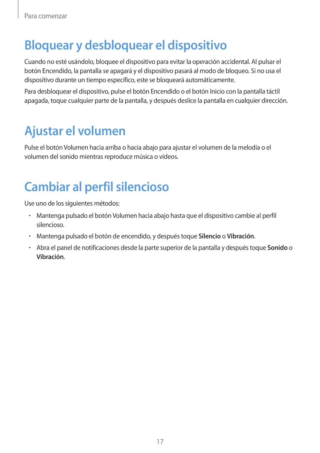 Samsung SM-T2110GNAAMN manual Bloquear y desbloquear el dispositivo, Ajustar el volumen, Cambiar al perfil silencioso 