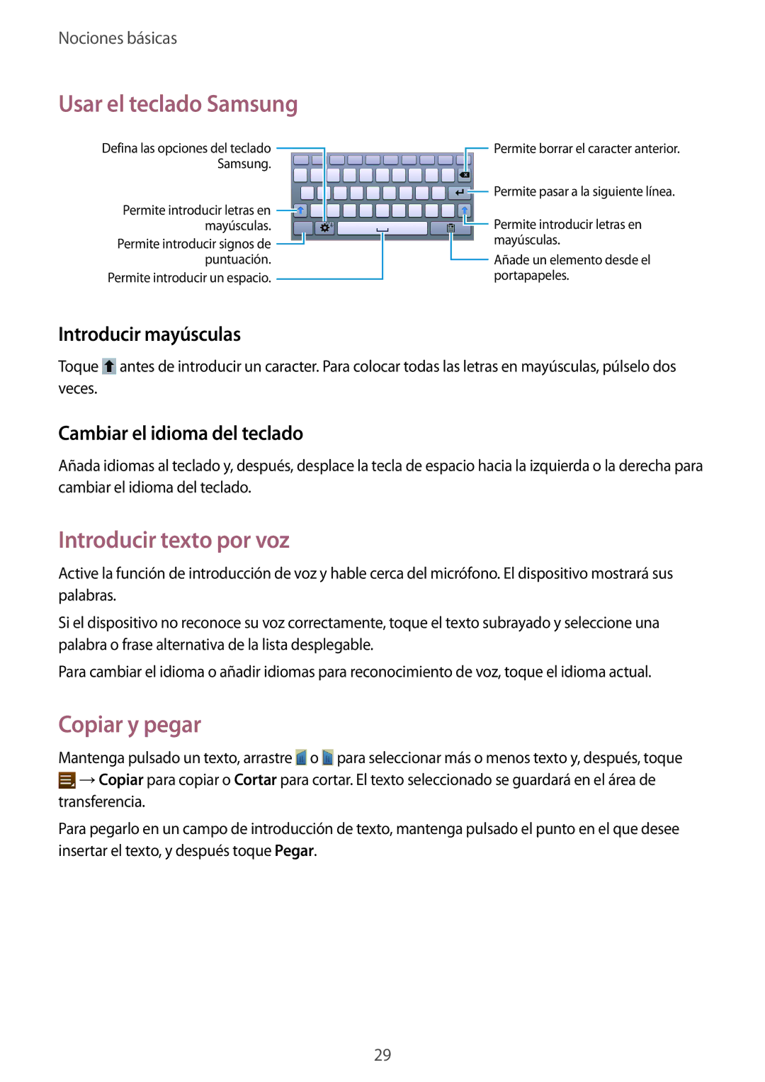 Samsung SM-T2110GNAAMN manual Usar el teclado Samsung, Introducir texto por voz, Copiar y pegar, Introducir mayúsculas 