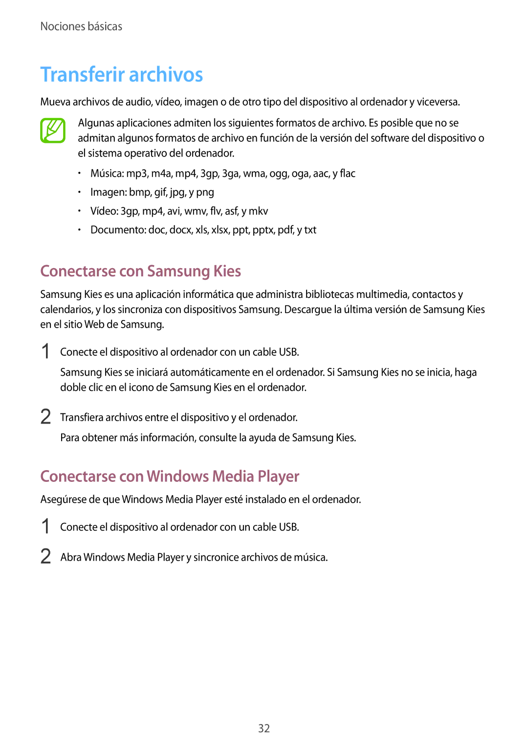 Samsung SM-T2110ZWAPHE manual Transferir archivos, Conectarse con Samsung Kies, Conectarse con Windows Media Player 