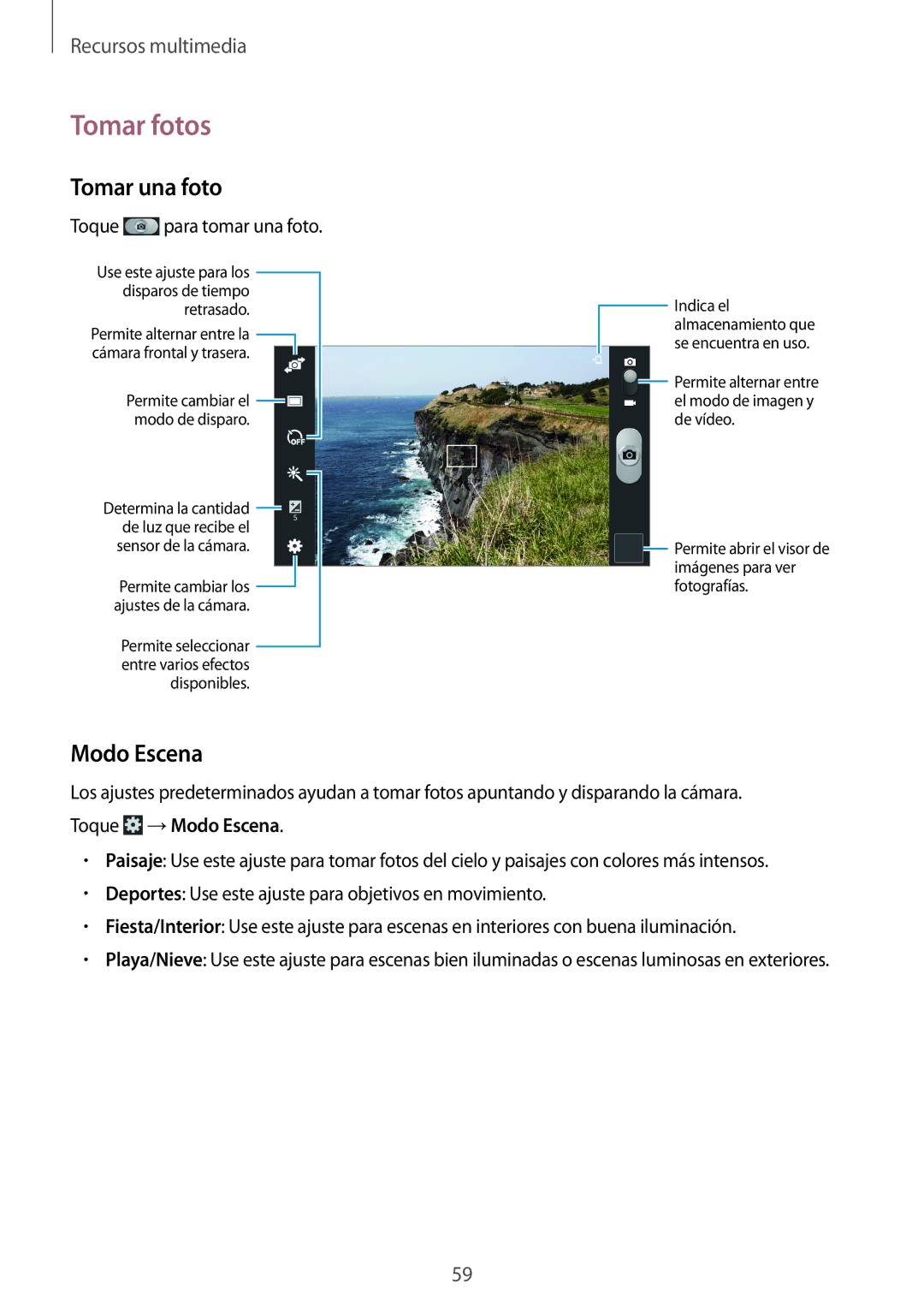 Samsung SM-T2110GNAAMN, SM-T2110ZWADBT, SM-T2110ZWATPH, SM-T2110ZWAPHE manual Tomar fotos, Tomar una foto, Modo Escena 