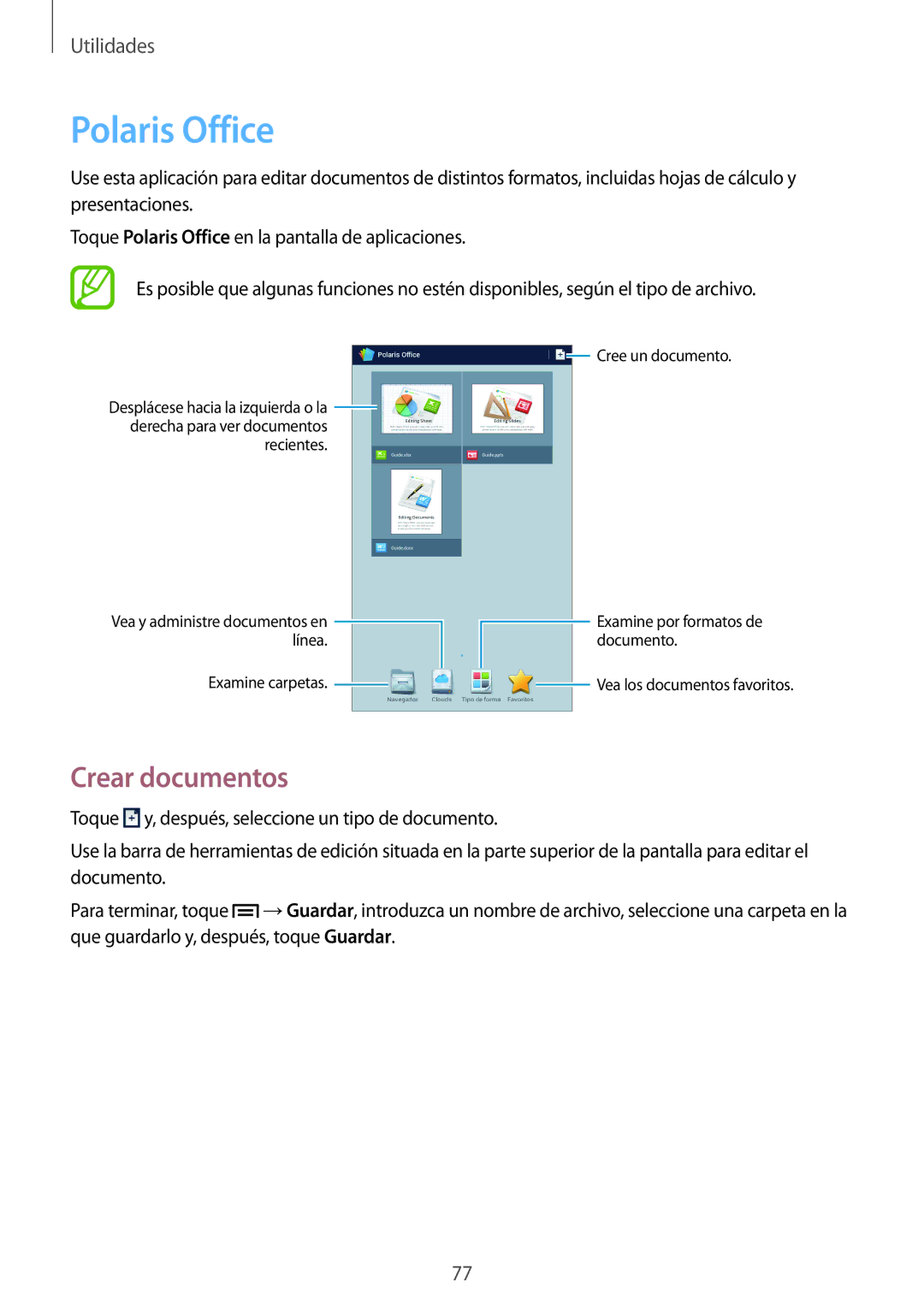 Samsung SM-T2110GNAAMN, SM-T2110ZWADBT, SM-T2110ZWATPH, SM-T2110ZWAPHE, SM-T2110MKAPHE manual Polaris Office, Crear documentos 
