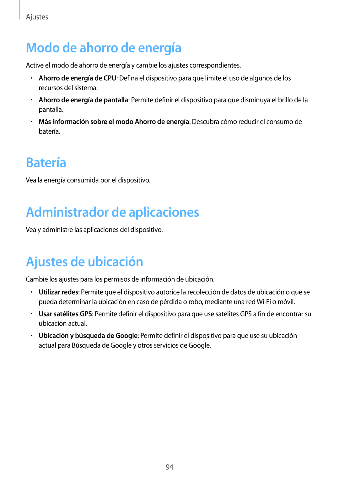 Samsung SM-T2110MKAXEO manual Modo de ahorro de energía, Batería, Administrador de aplicaciones, Ajustes de ubicación 