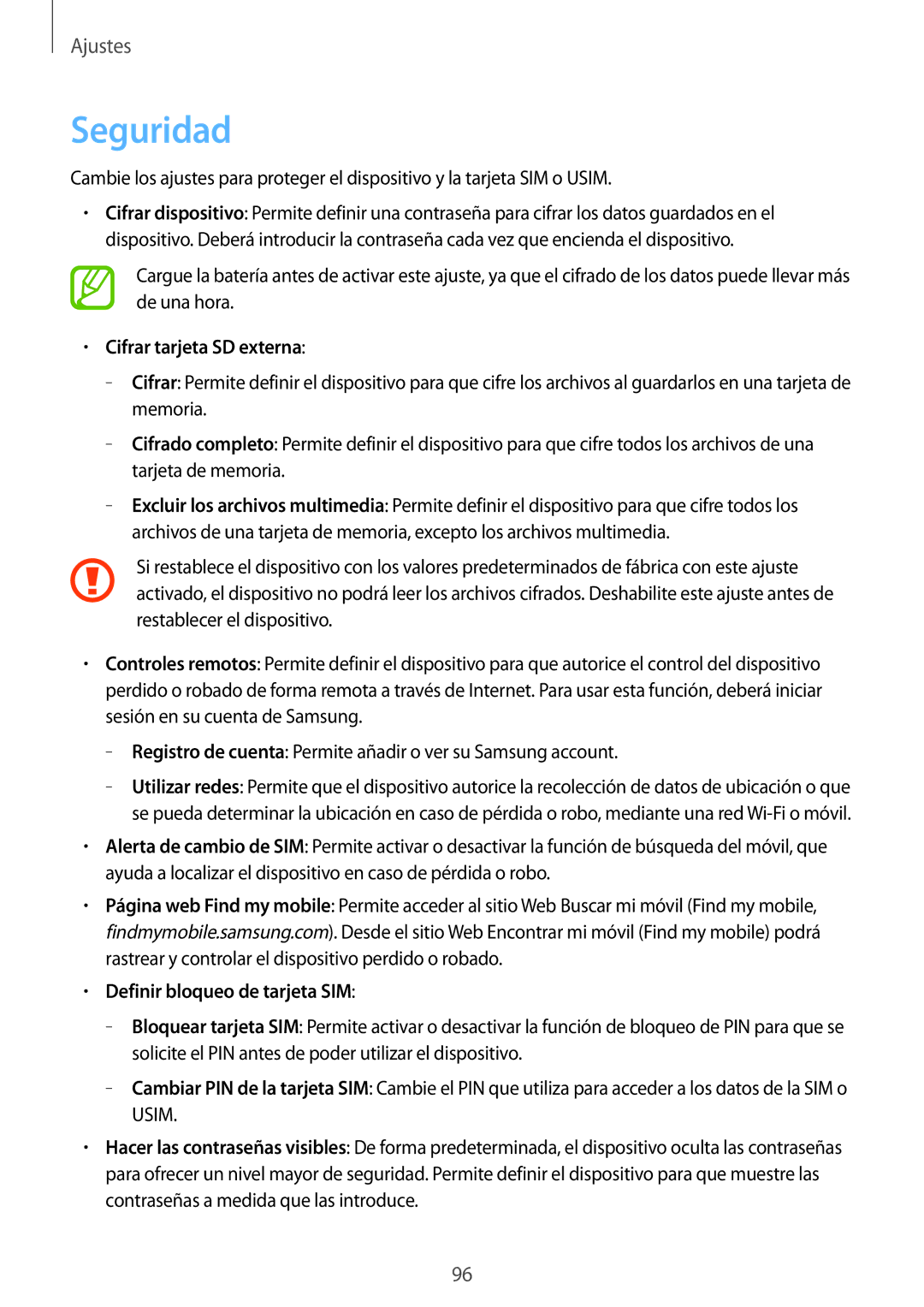 Samsung SM-T2110ZWADBT, SM-T2110ZWATPH, SM-T2110ZWAPHE Seguridad, Cifrar tarjeta SD externa, Definir bloqueo de tarjeta SIM 