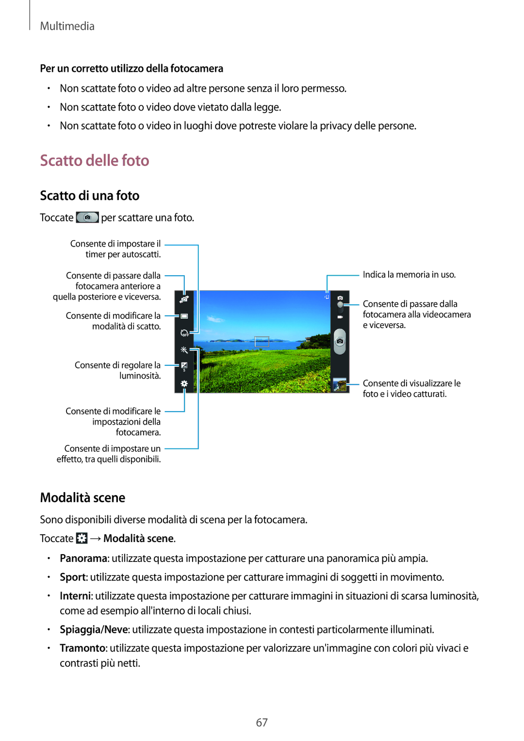 Samsung SM-T2110ZWAXEO Scatto delle foto, Scatto di una foto, Modalità scene, Per un corretto utilizzo della fotocamera 