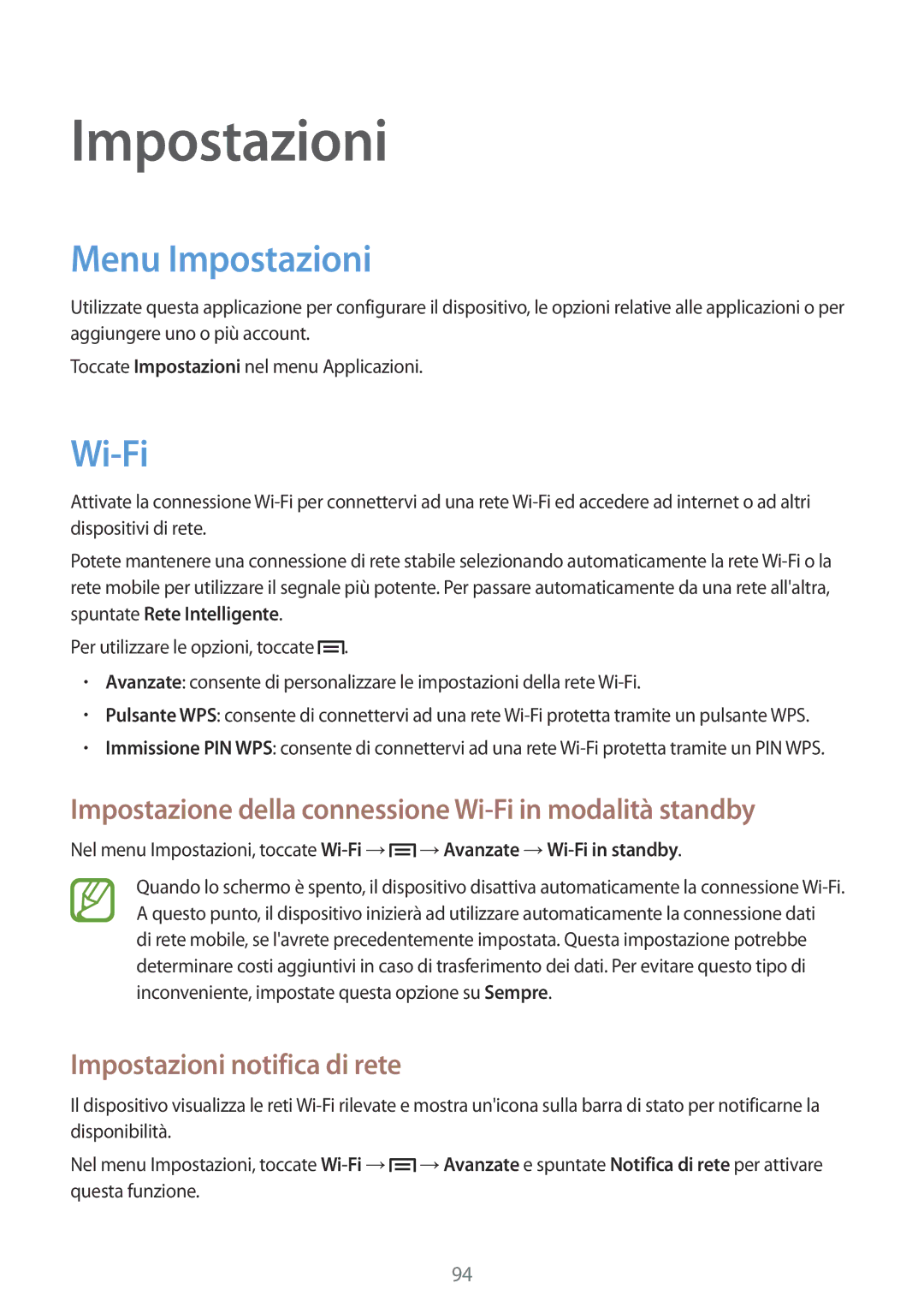 Samsung SM-T2110ZWAOMN, SM-T2110ZWAITV Menu Impostazioni, Impostazione della connessione Wi-Fi in modalità standby 