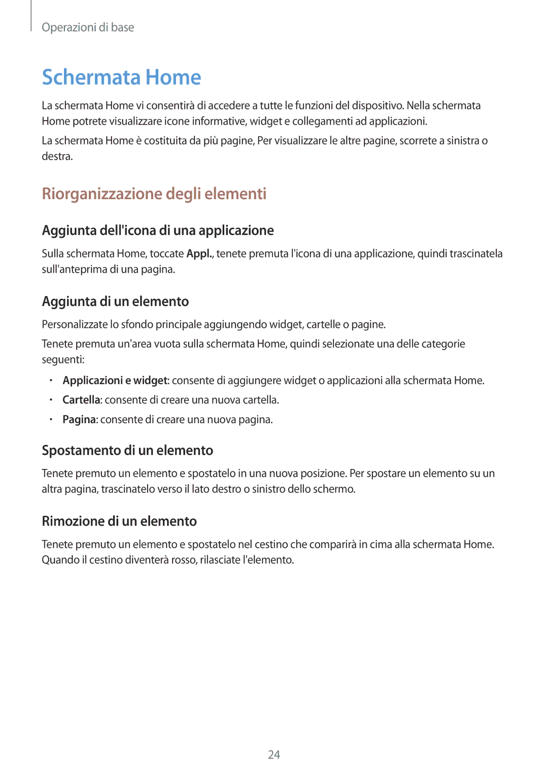 Samsung SM-T2110ZWAOMN, SM-T2110ZWAITV, SM-T2110ZWAHUI, SM-T2110ZWAXEO manual Schermata Home, Riorganizzazione degli elementi 