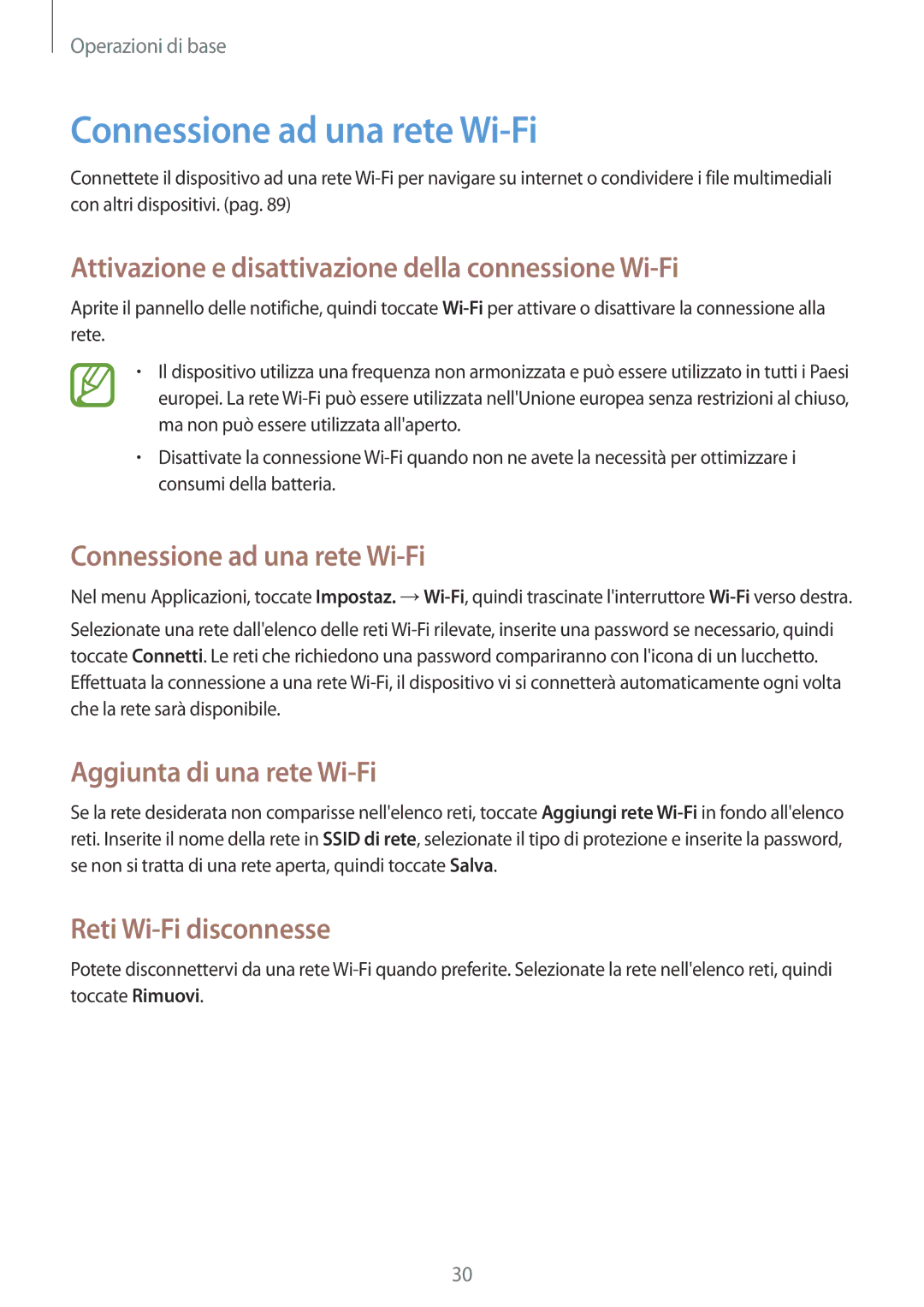 Samsung SM-T2110ZWAITV, SM-T2110ZWAHUI Connessione ad una rete Wi-Fi, Attivazione e disattivazione della connessione Wi-Fi 